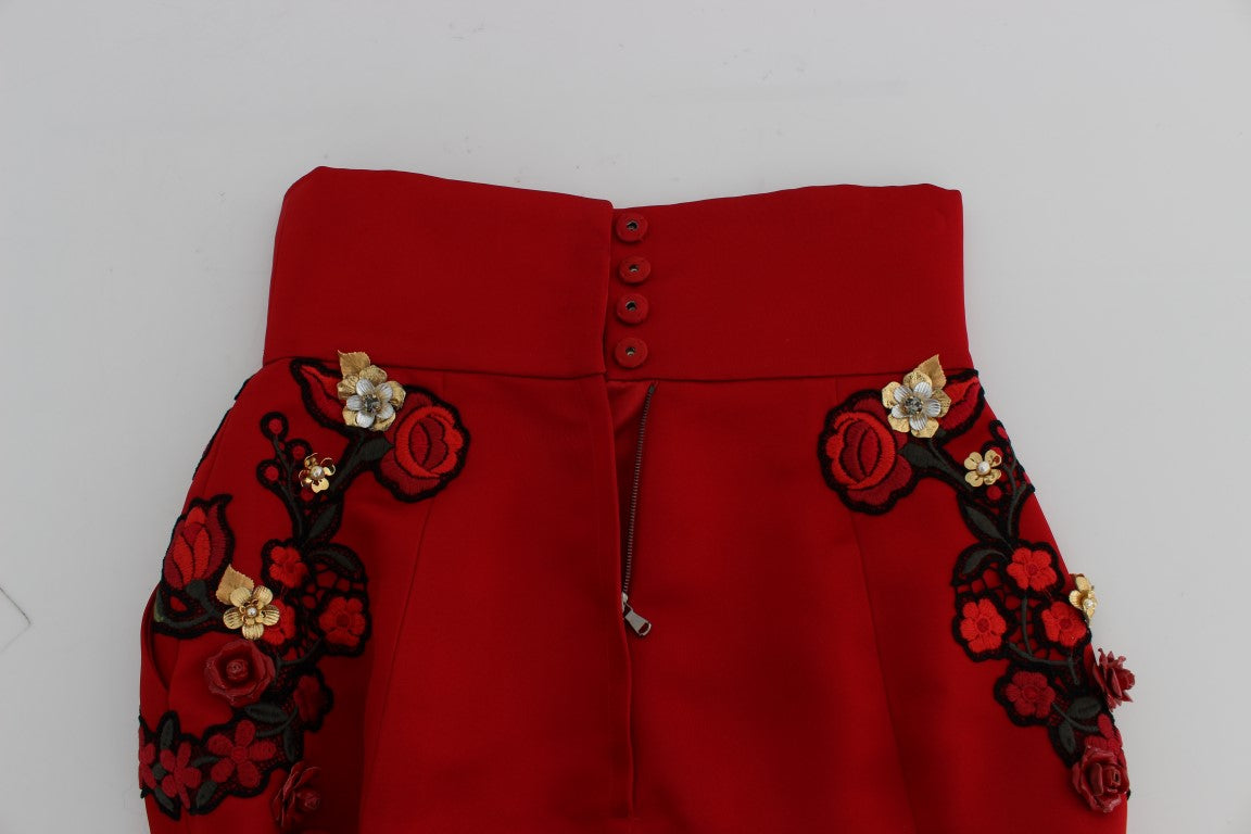 Dolce & Gabbana Red Silk Crystal Roses Shorts