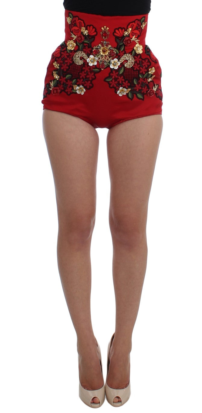 Dolce & Gabbana Red Silk Crystal Roses Shorts