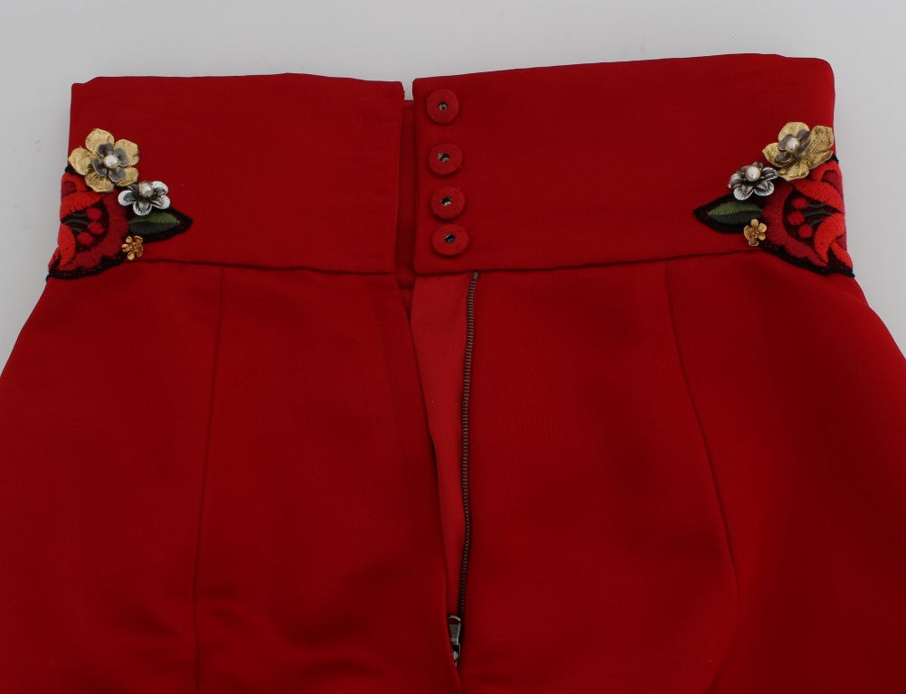 Dolce & Gabbana Red Silk Crystal Roses Shorts