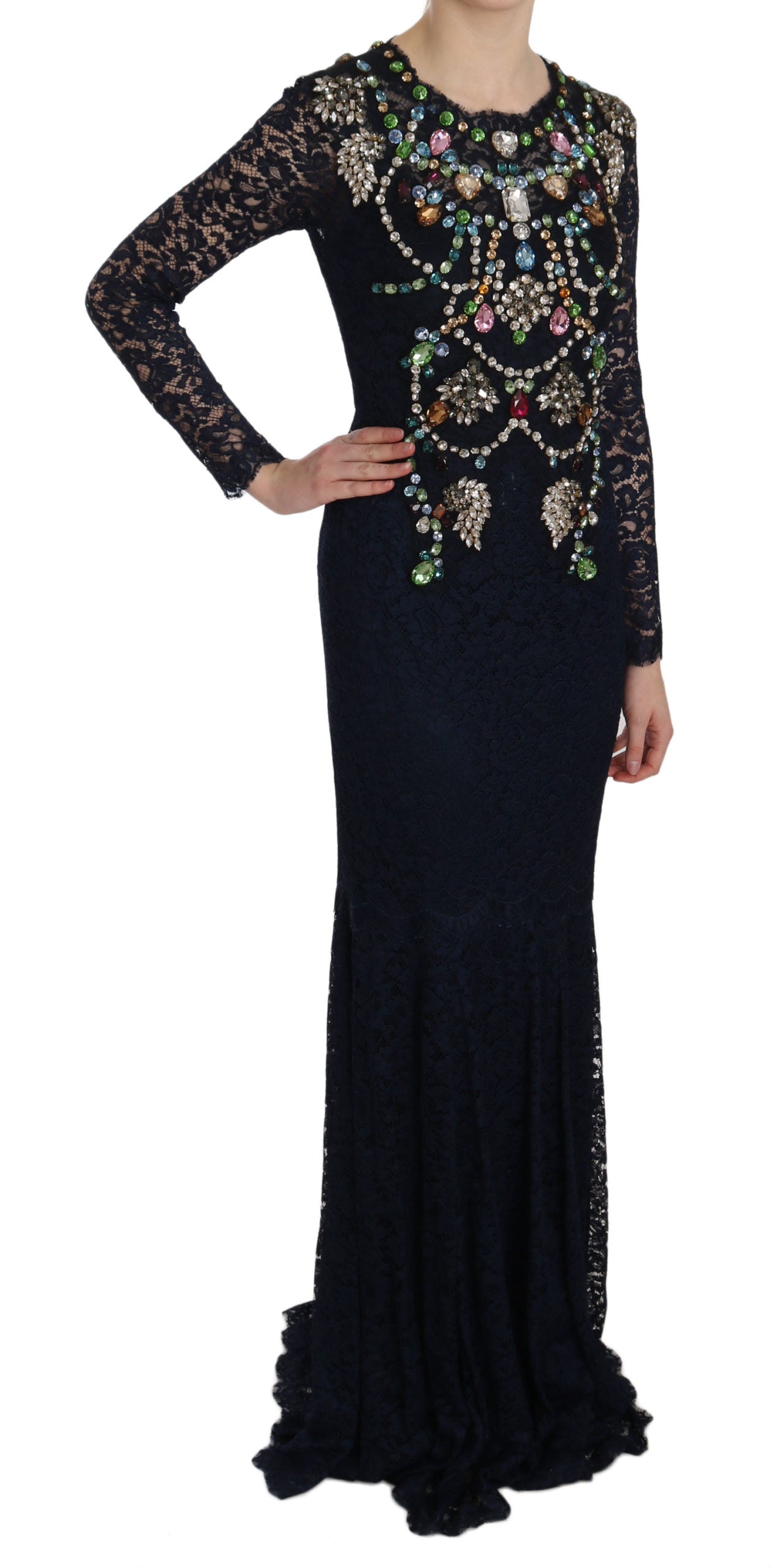 Dolce & Gabbana Blue Crystal Floral Lace Long Gown Dress