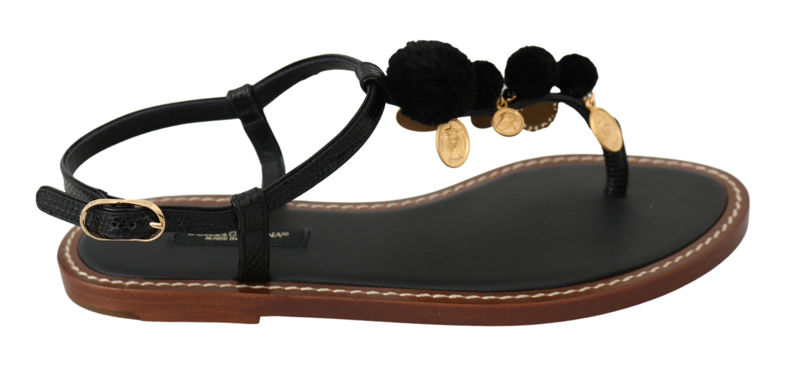 Dolce & Gabbana Black Leather Coins Flip Flops Sandals Shoes