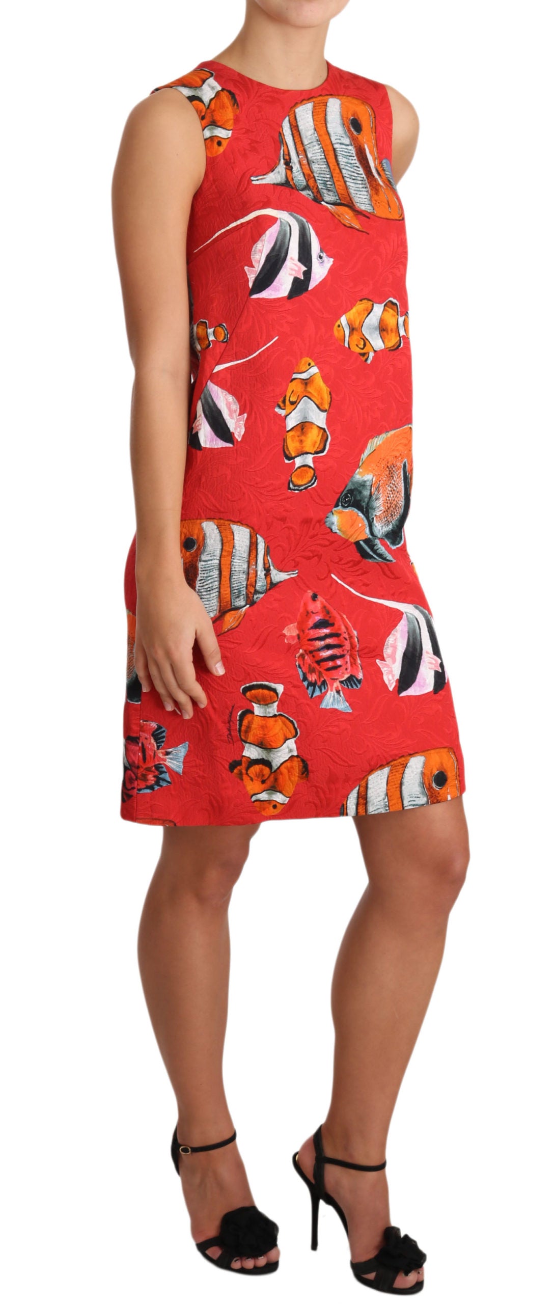 Dolce & Gabbana Red Fish Print Sleeveless Mini Shift Dress