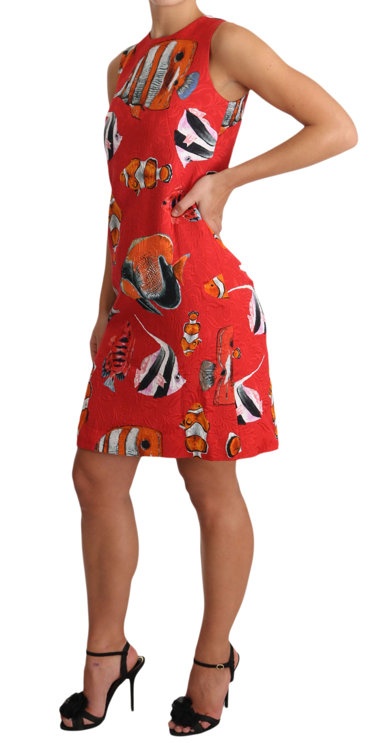 Dolce & Gabbana Red Fish Print Sleeveless Mini Shift Dress