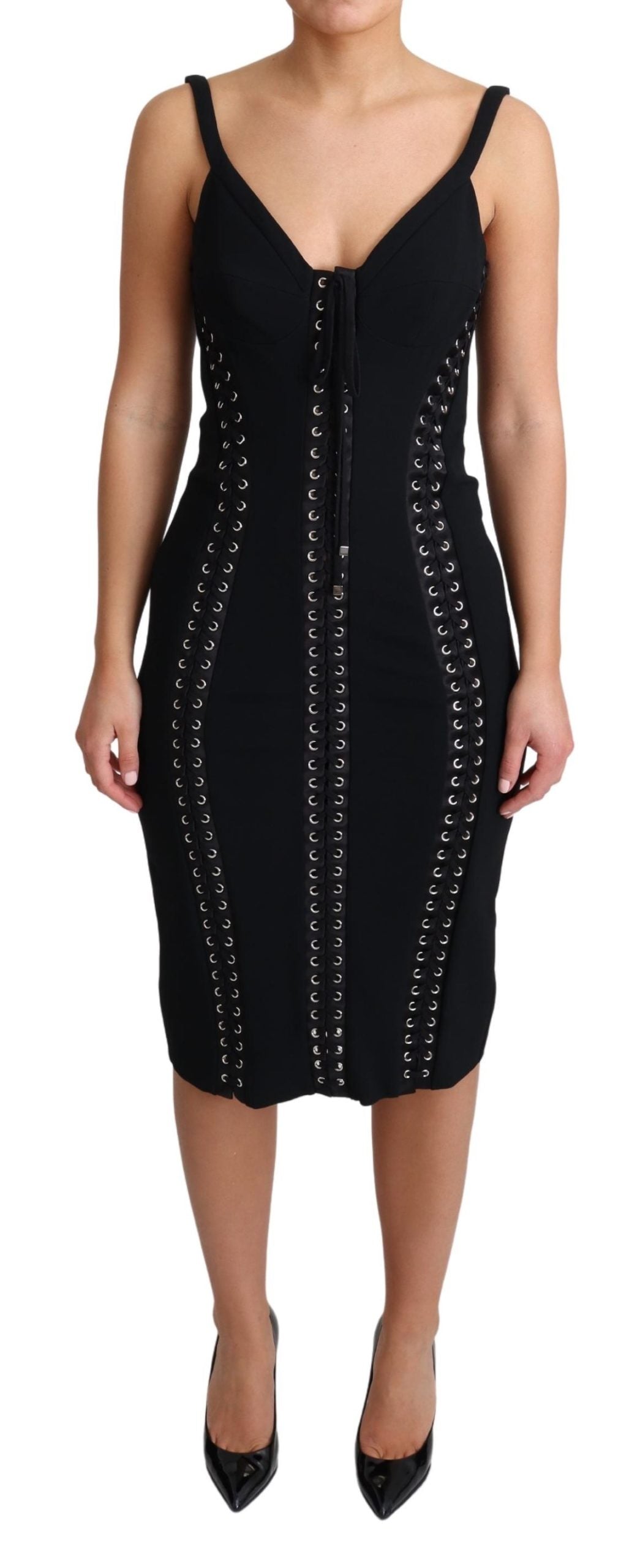 Dolce & Gabbana Black Slip Woven Applique Bodycon Viscose Dress