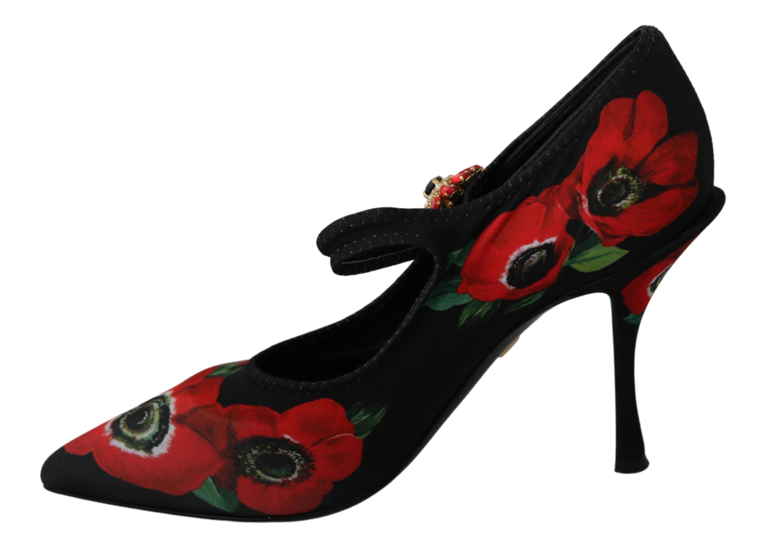 Dolce & Gabbana Black Red Floral Mary Janes Pumps Shoes