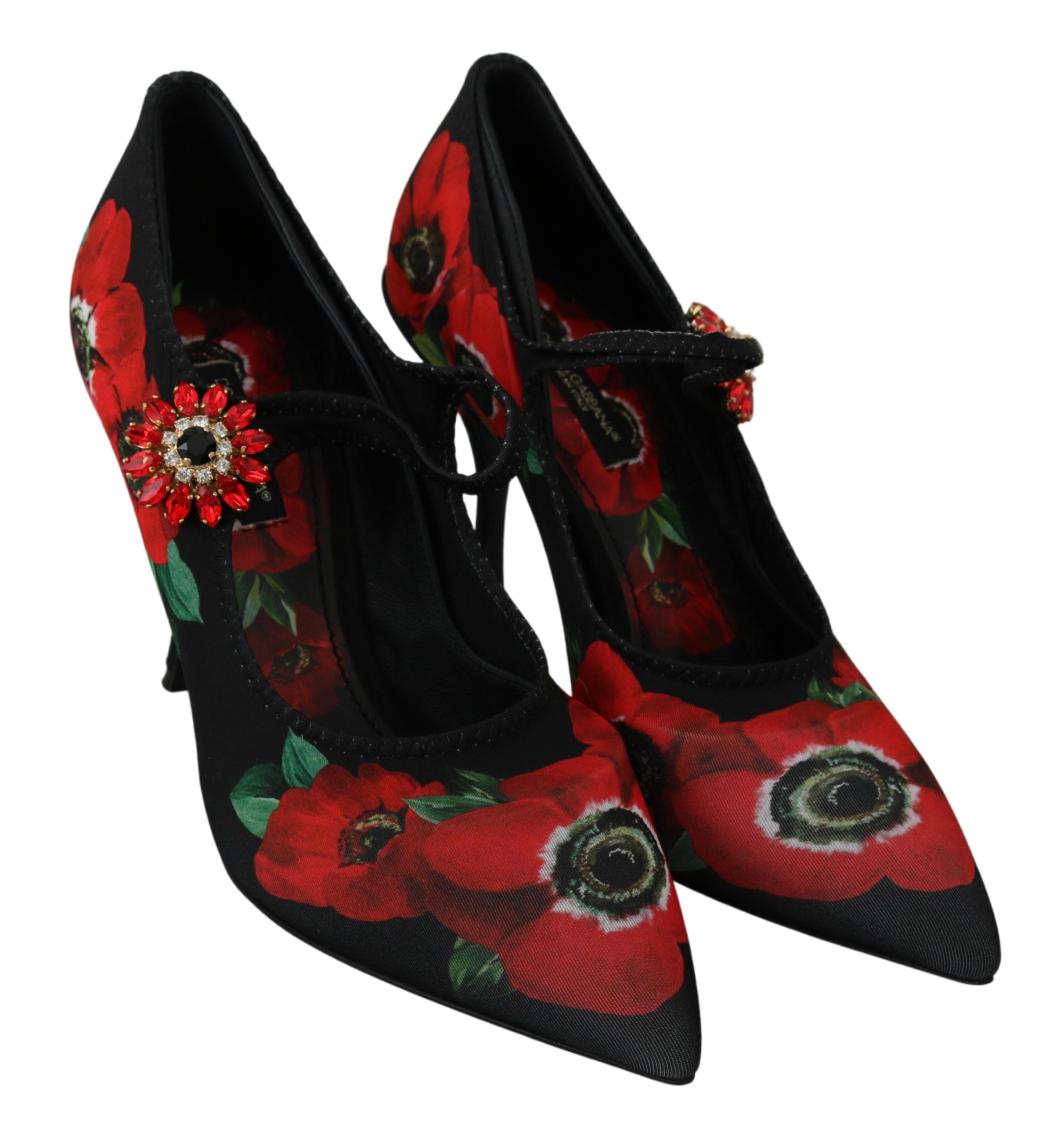 Dolce & Gabbana Black Red Floral Mary Janes Pumps Shoes