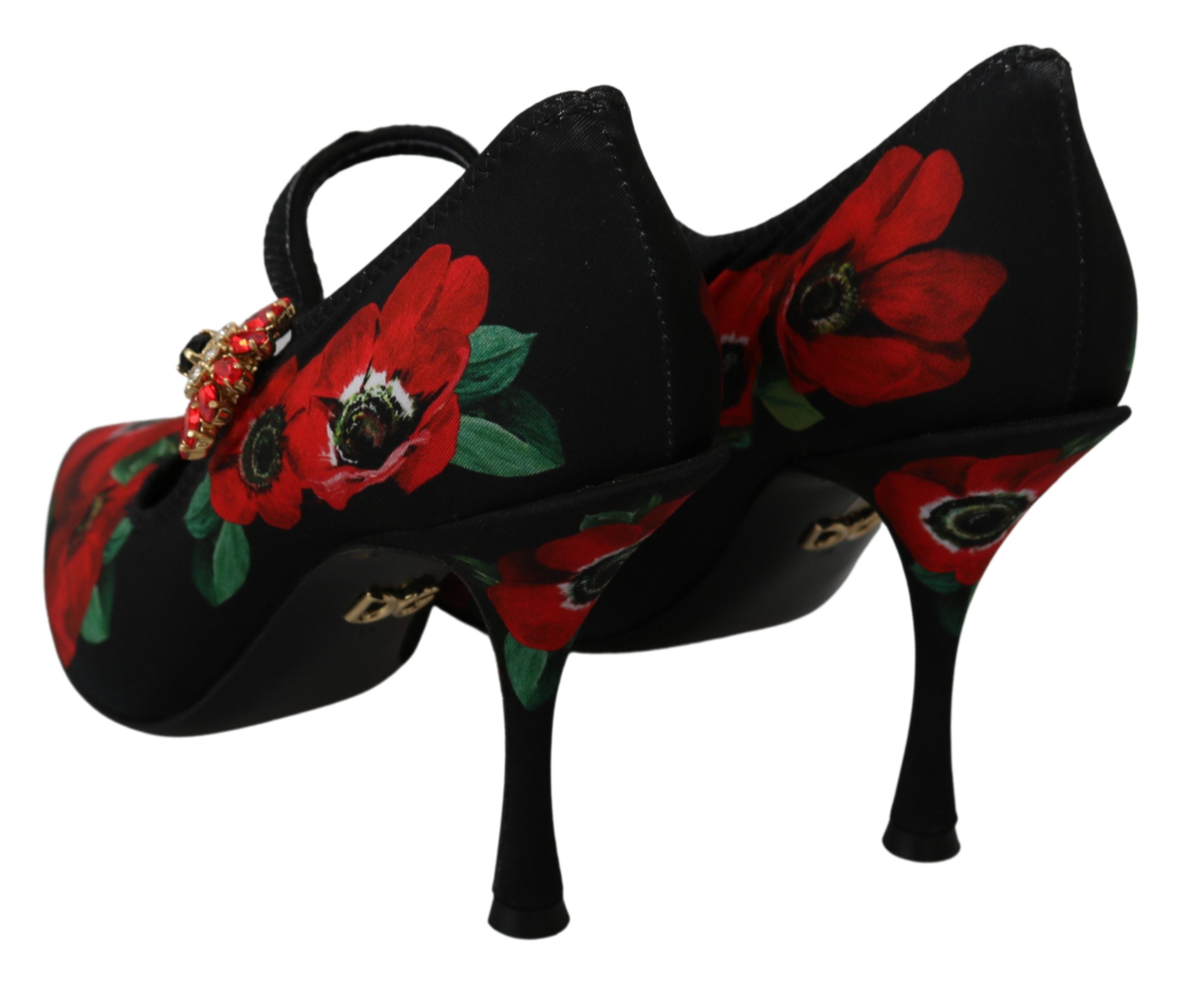 Dolce & Gabbana Black Red Floral Mary Janes Pumps Shoes