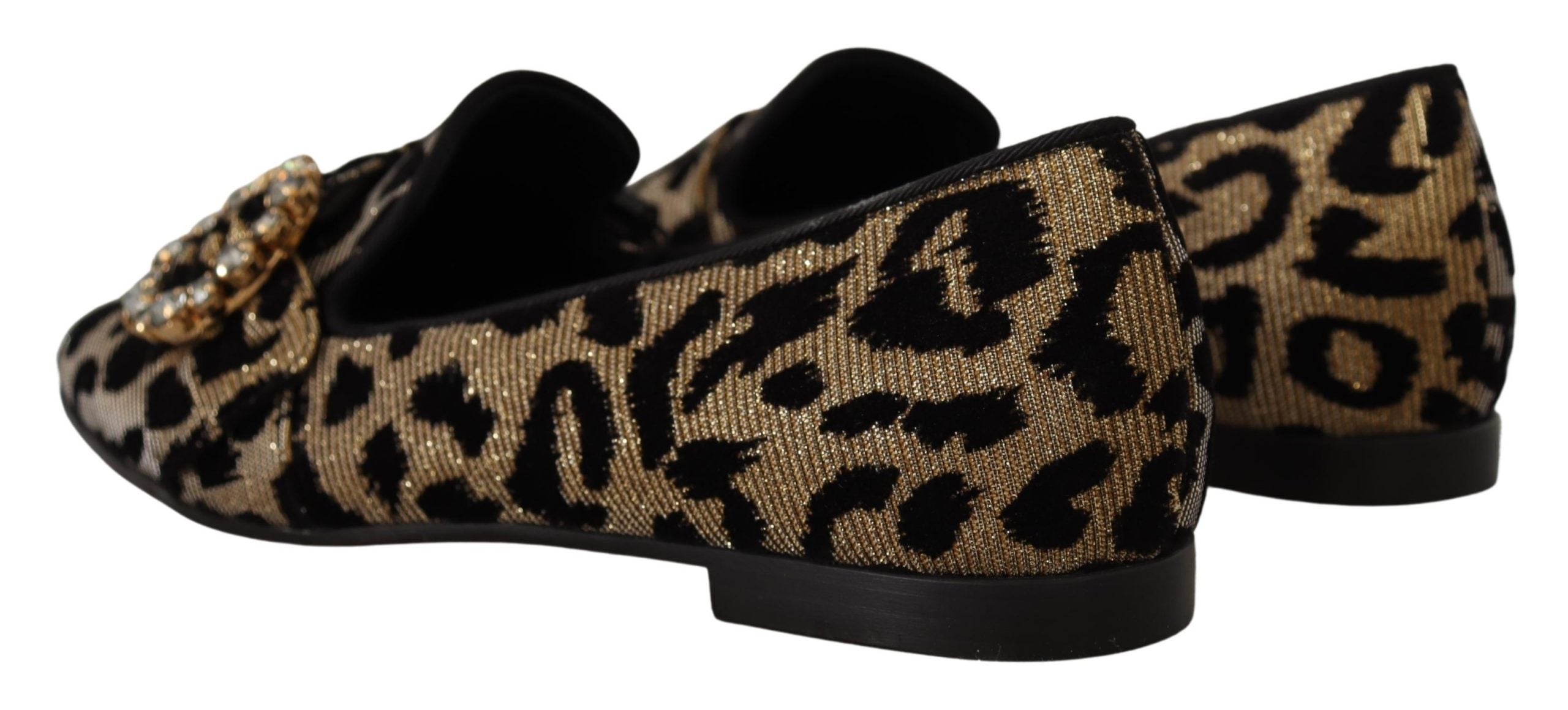 Dolce & Gabbana Gold Leopard Print Crystals Loafers Shoes