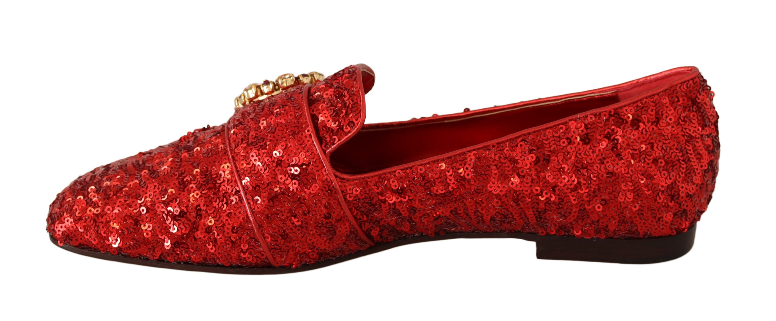 Dolce & Gabbana Red Sequin Crystal Flat Women Loafers Shoes