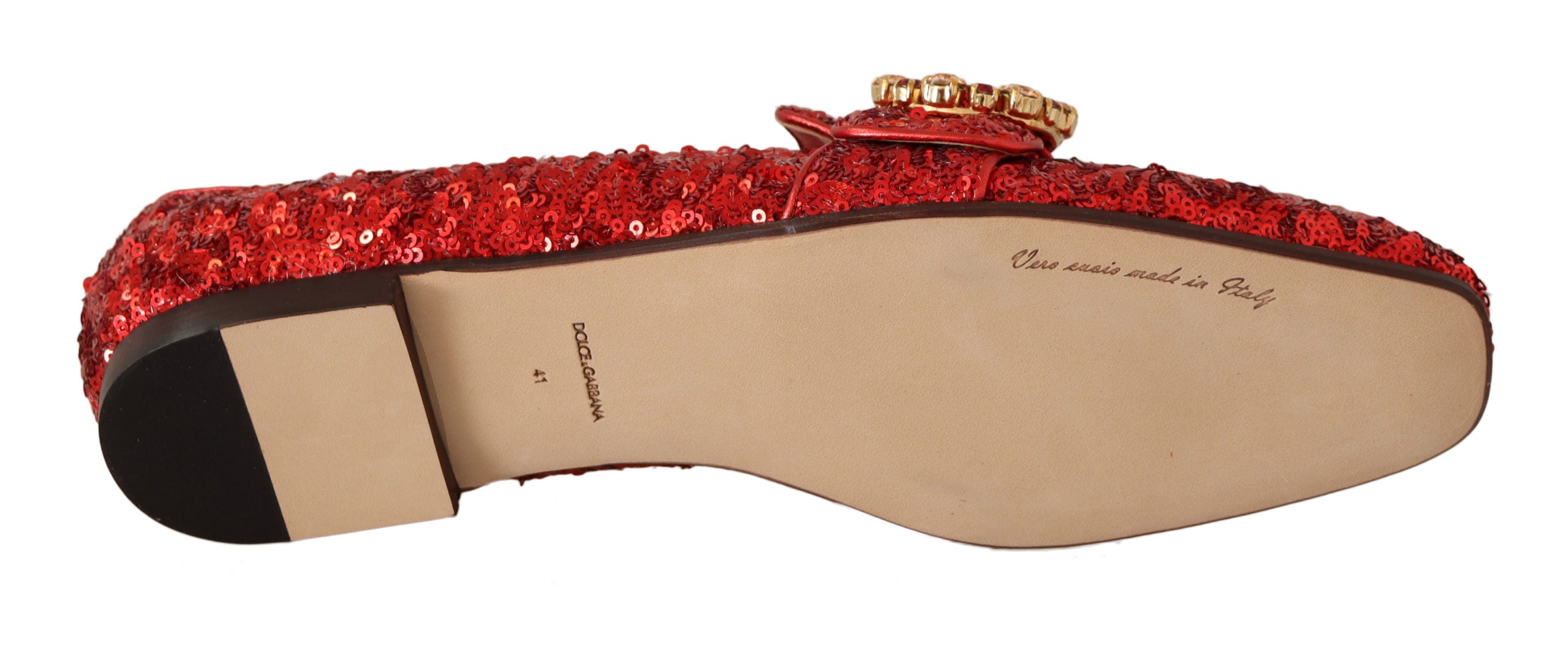 Dolce & Gabbana Red Sequin Crystal Flat Women Loafers Shoes