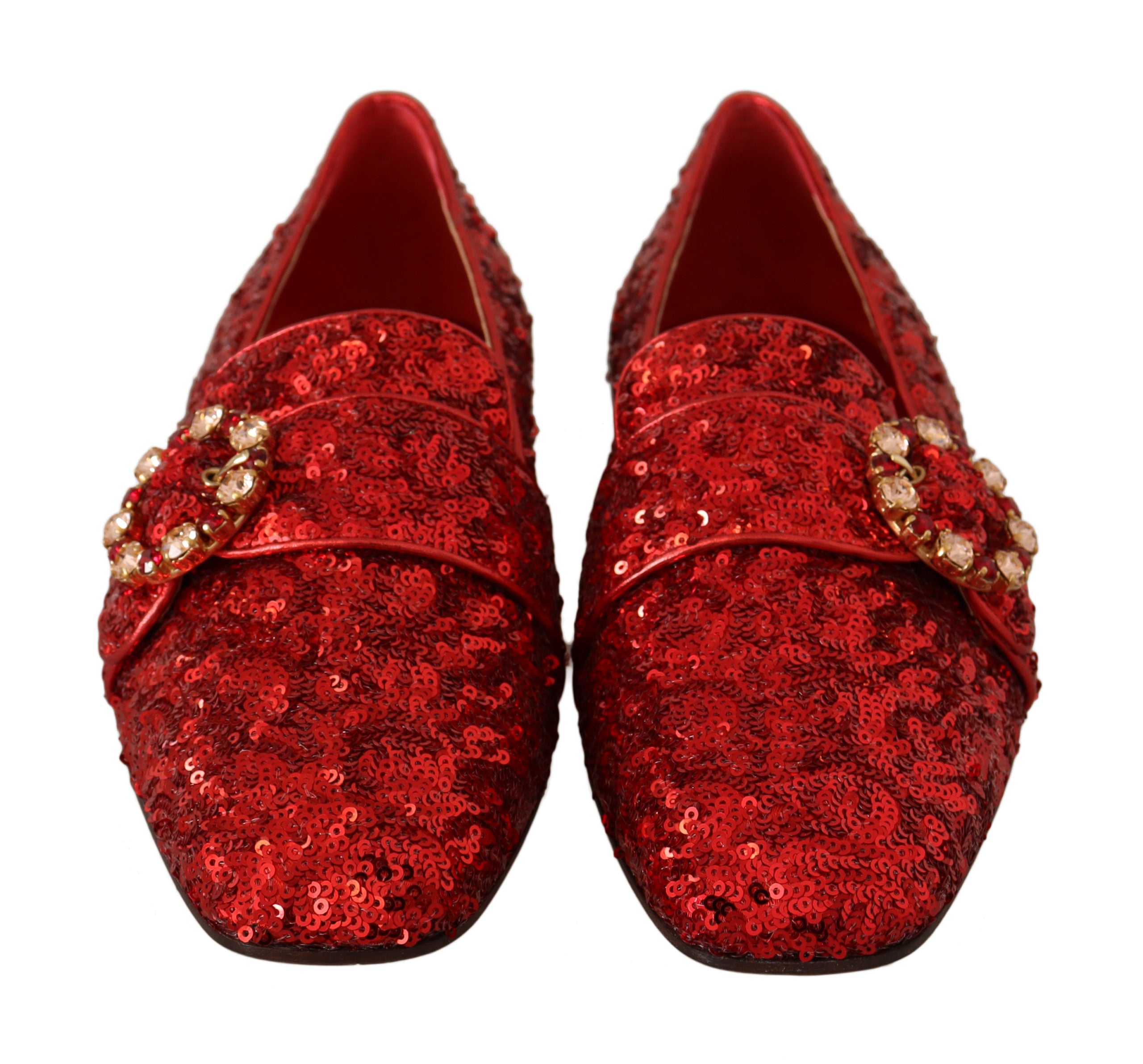 Dolce & Gabbana Red Sequin Crystal Flat Women Loafers Shoes