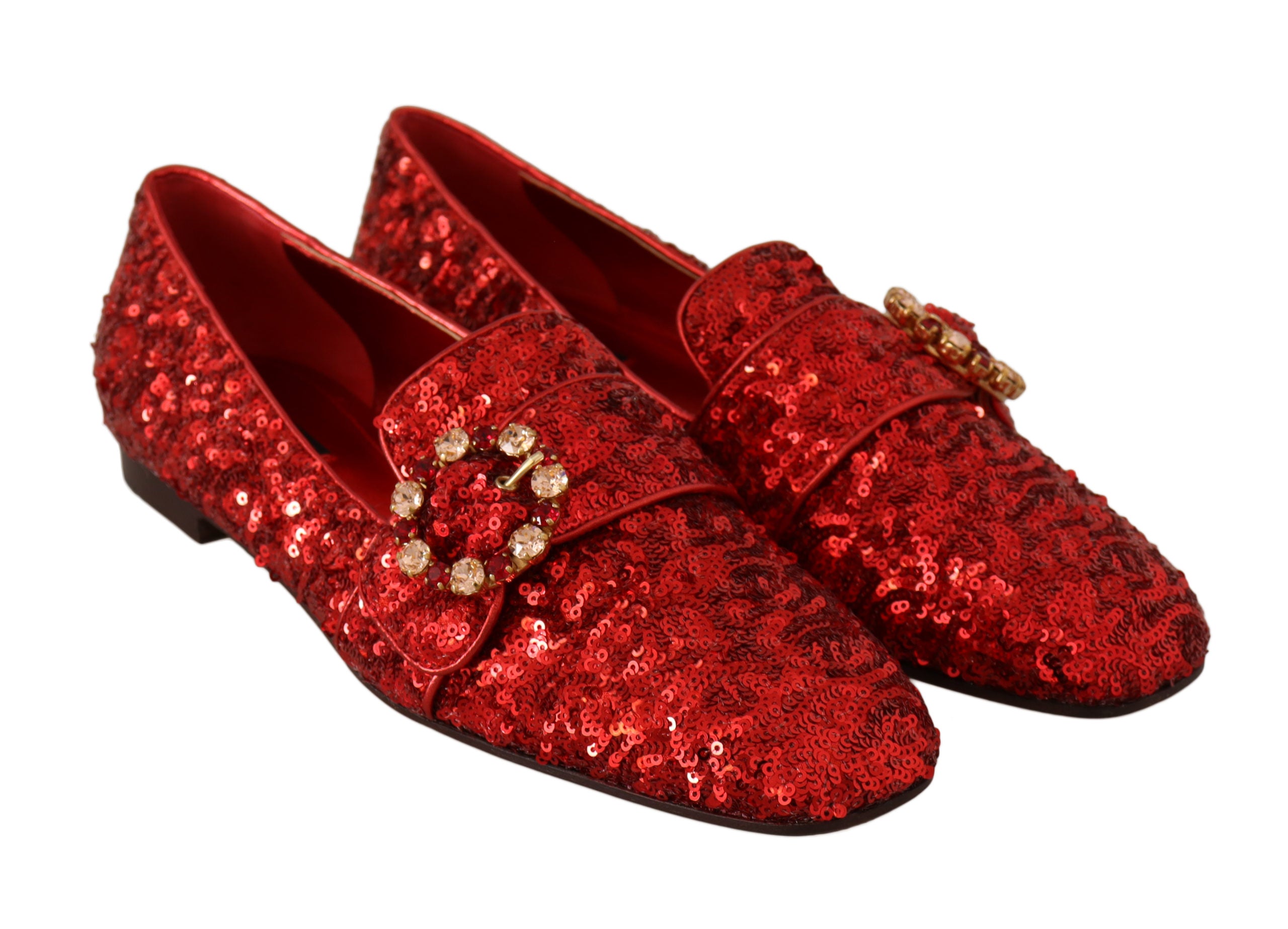 Dolce & Gabbana Red Sequin Crystal Flat Women Loafers Shoes