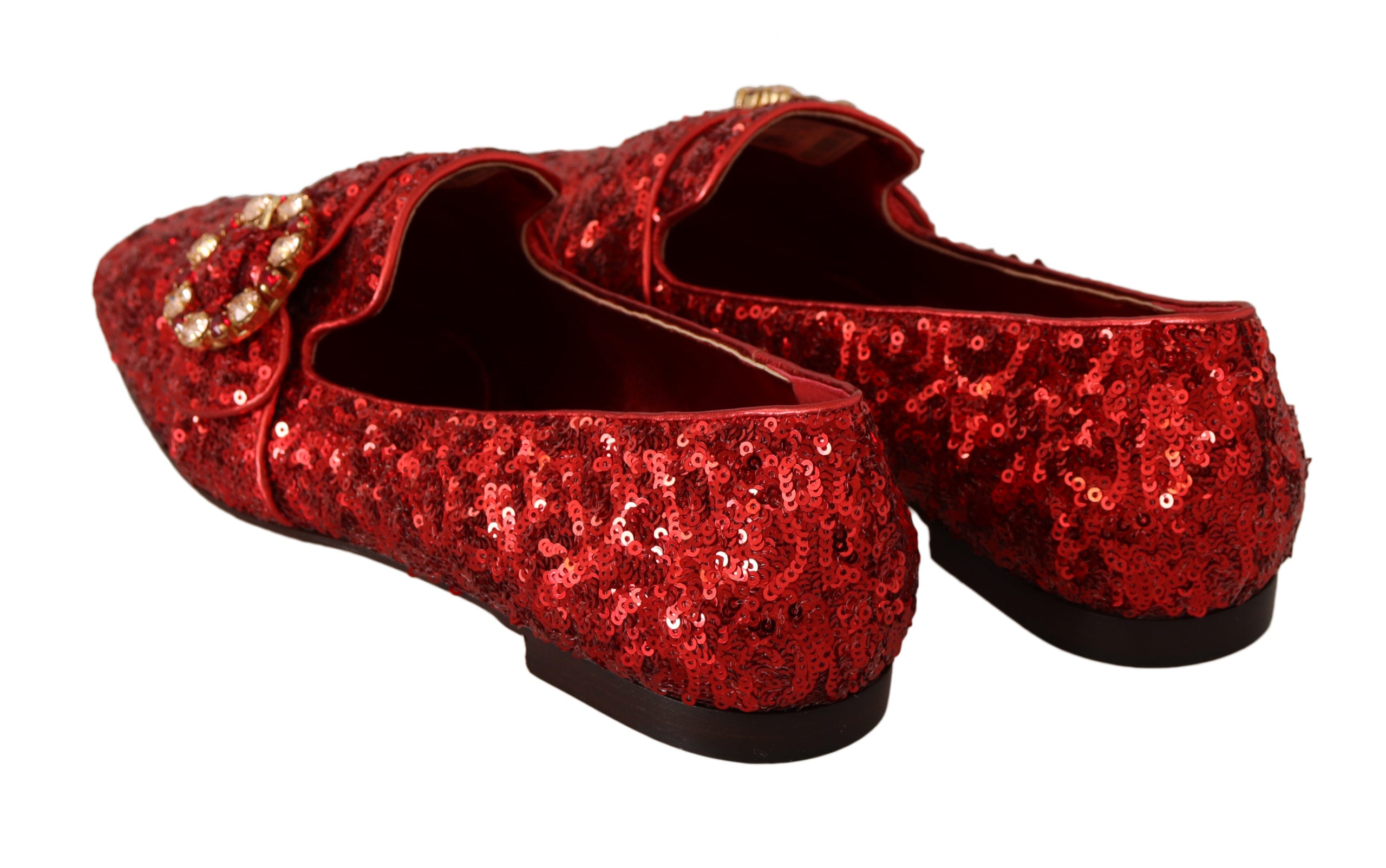 Dolce & Gabbana Red Sequin Crystal Flat Women Loafers Shoes