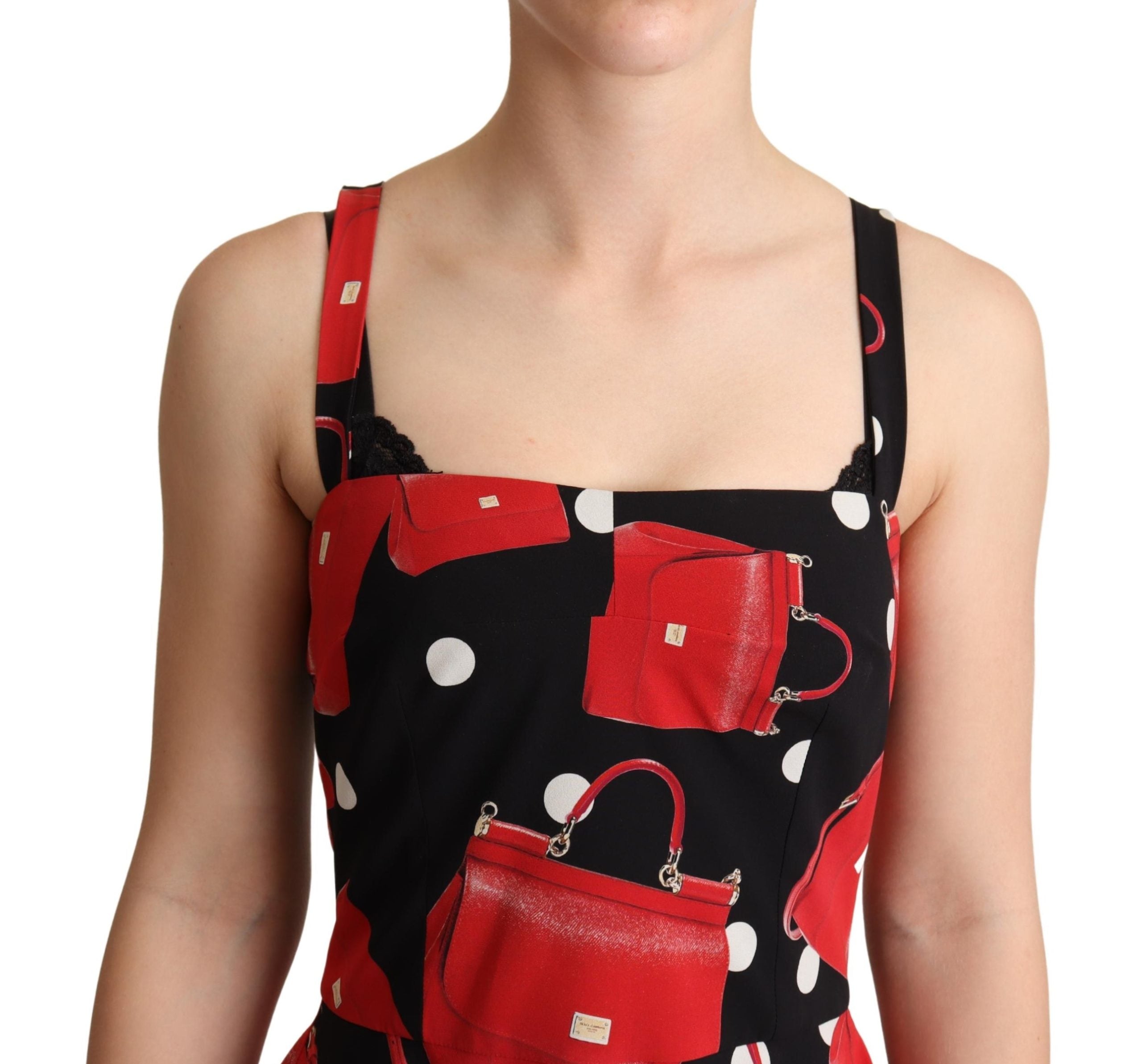 Dolce & Gabbana Black Red Bag Print A-line Mid Length Dress