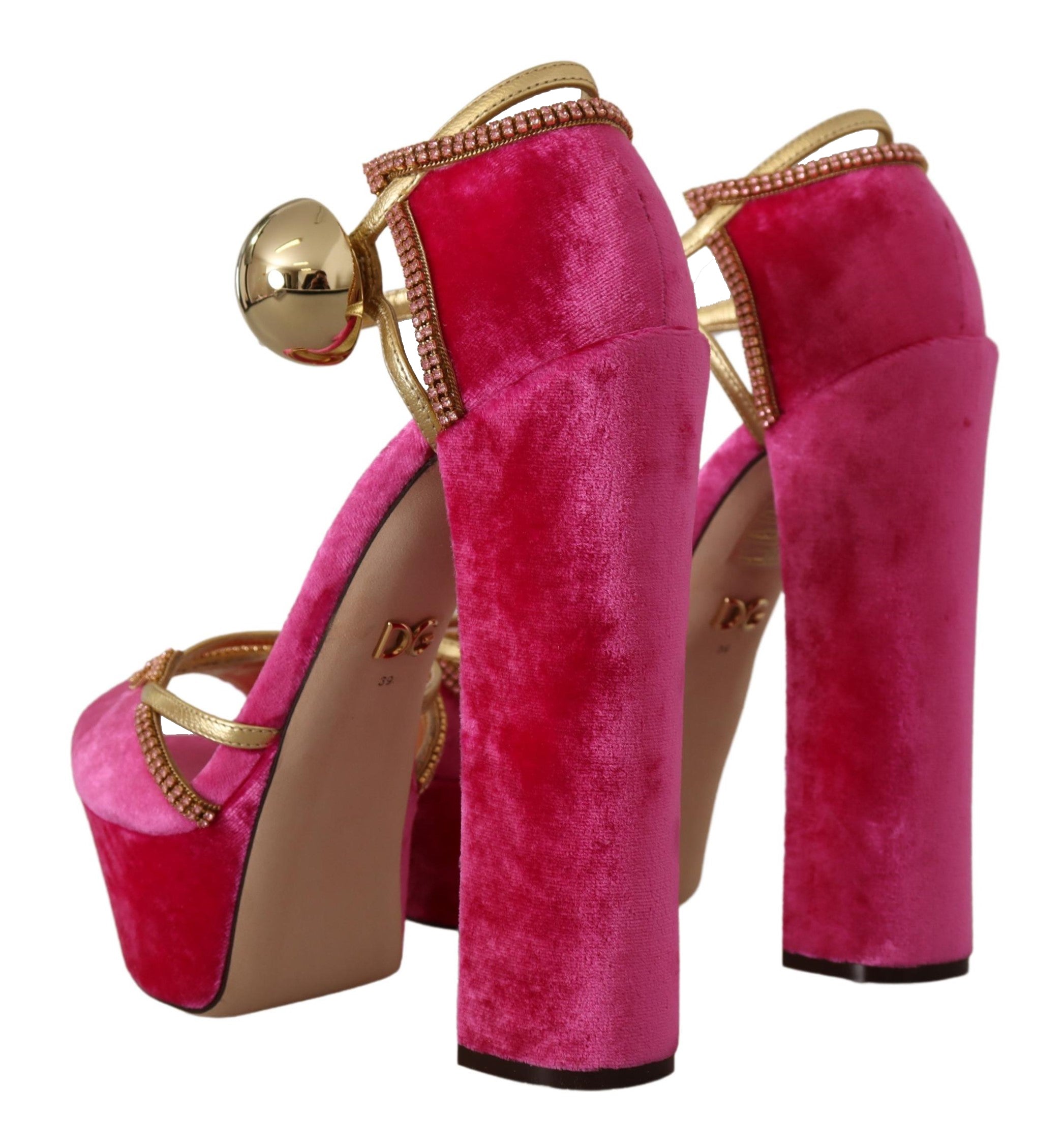 Dolce & Gabbana Pink Velvet Crystal Ankle Strap Sandals Shoes