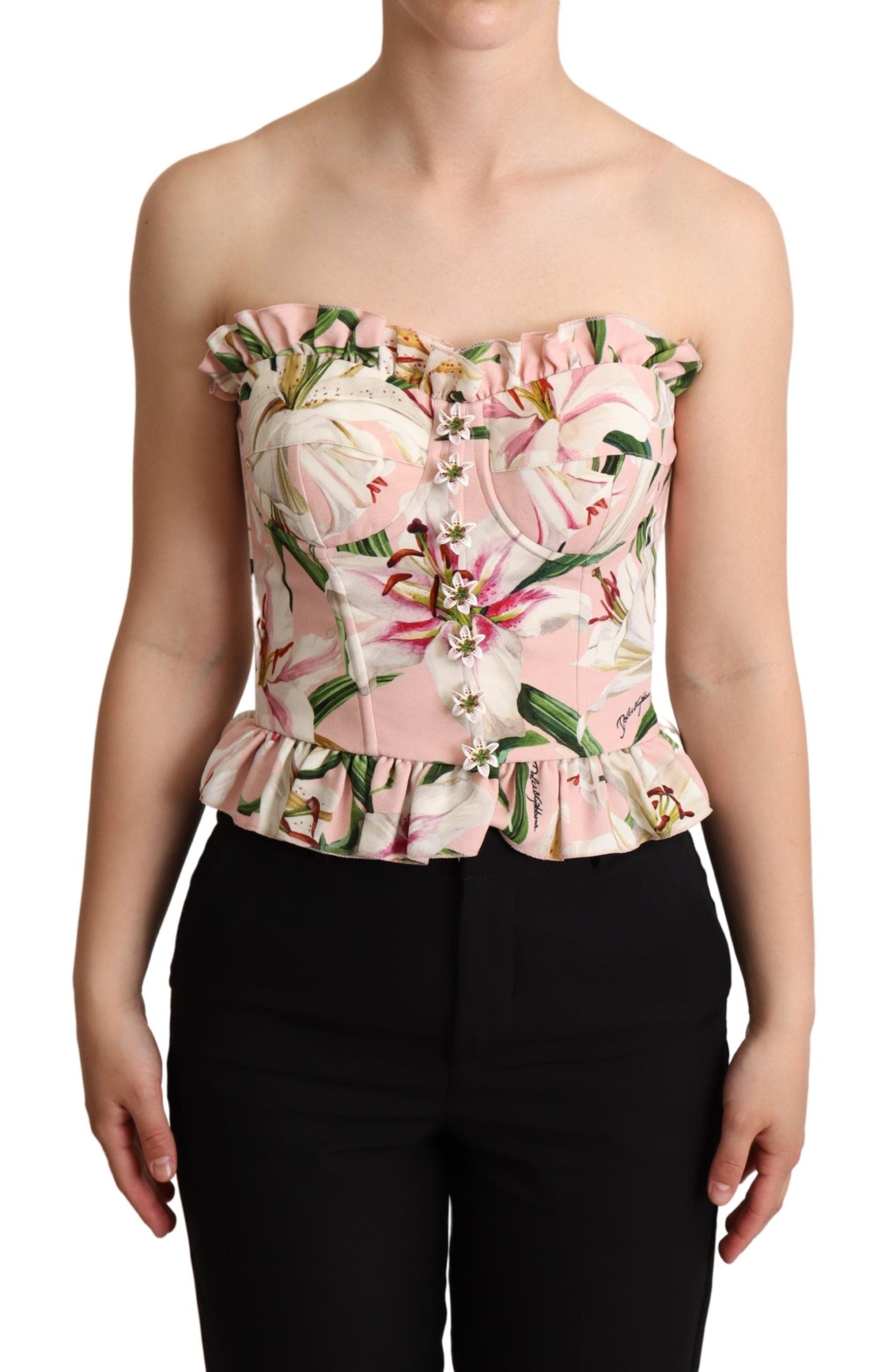 Dolce & Gabbana Pink Bustier Floral Appliques Blouse Top