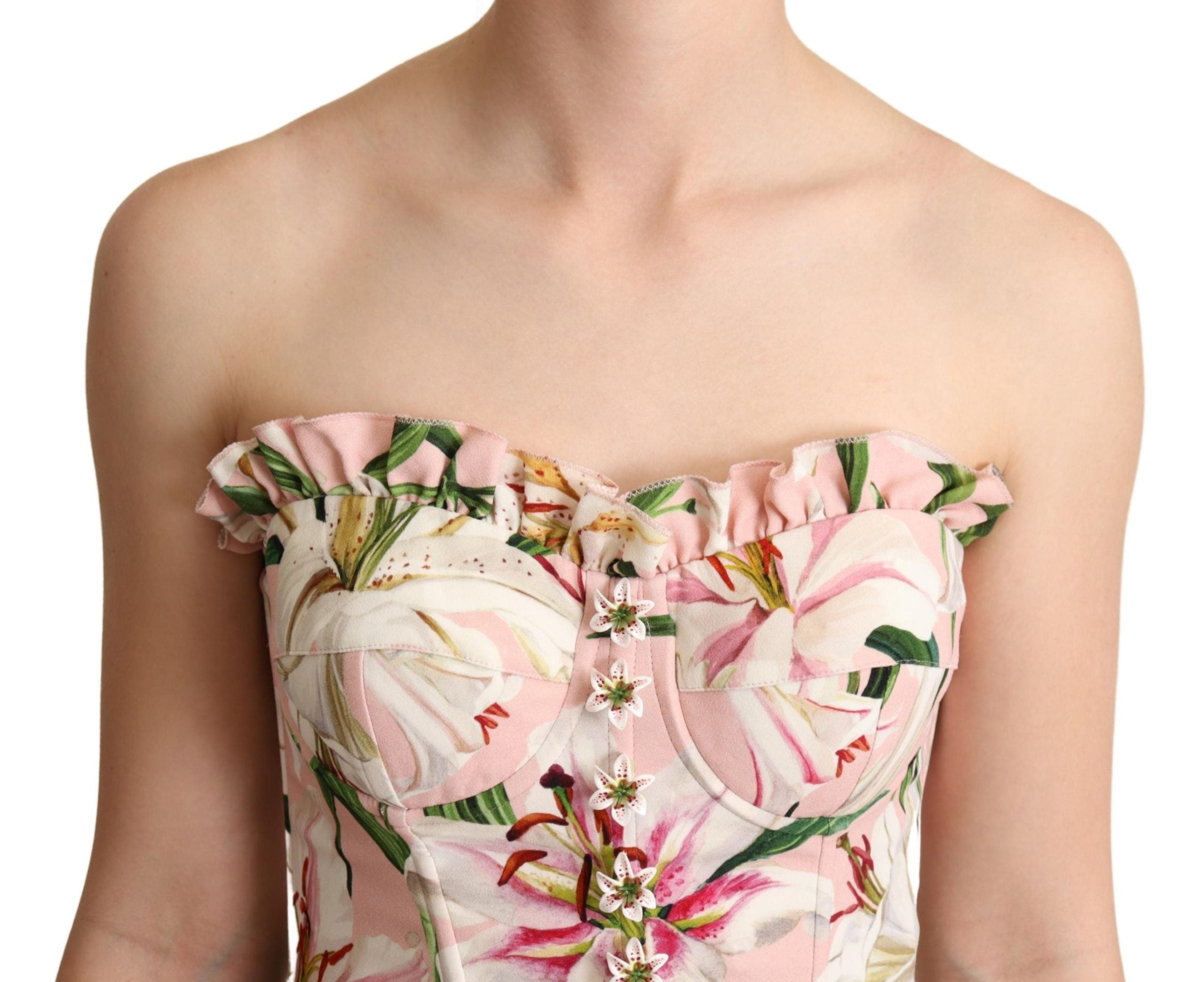 Dolce & Gabbana Pink Bustier Floral Appliques Blouse Top