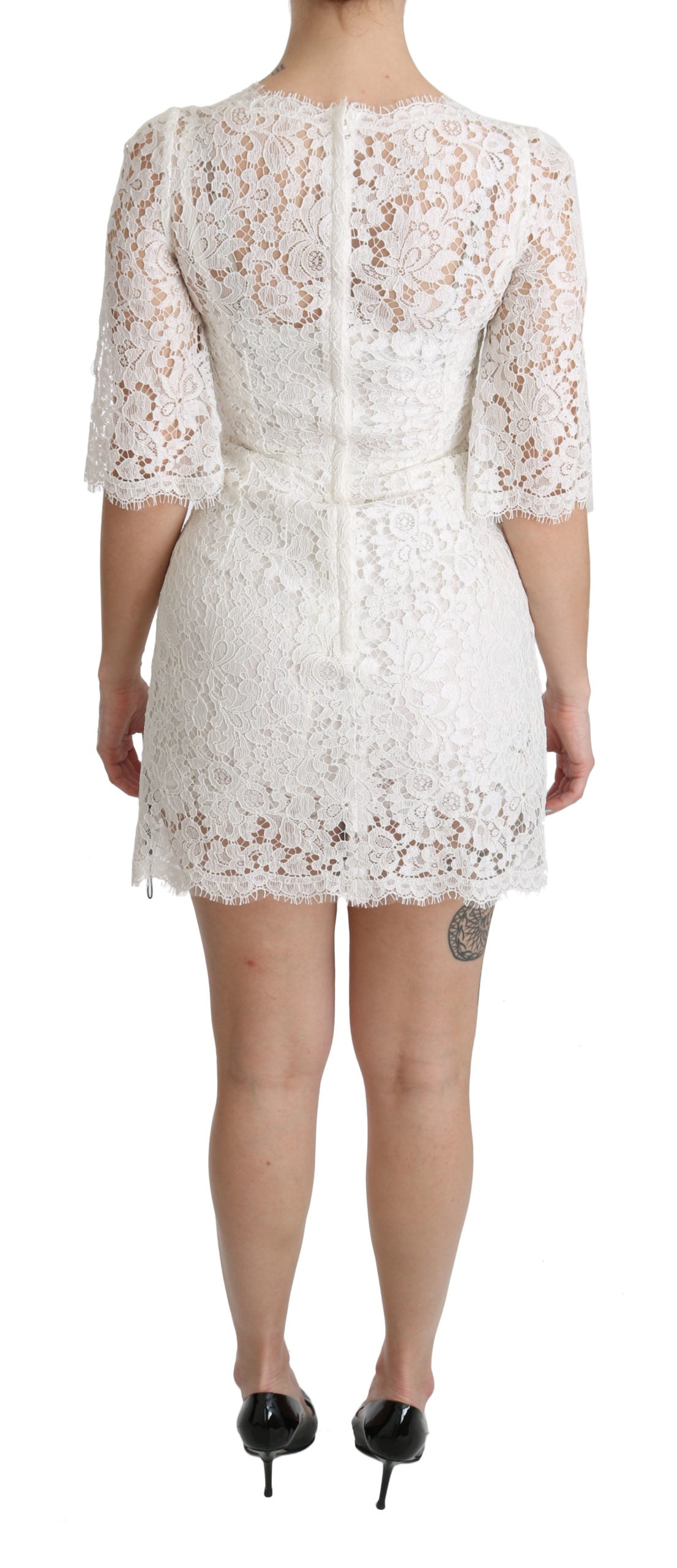 Dolce & Gabbana White Floral Lace Shift V-neck Mini Dress