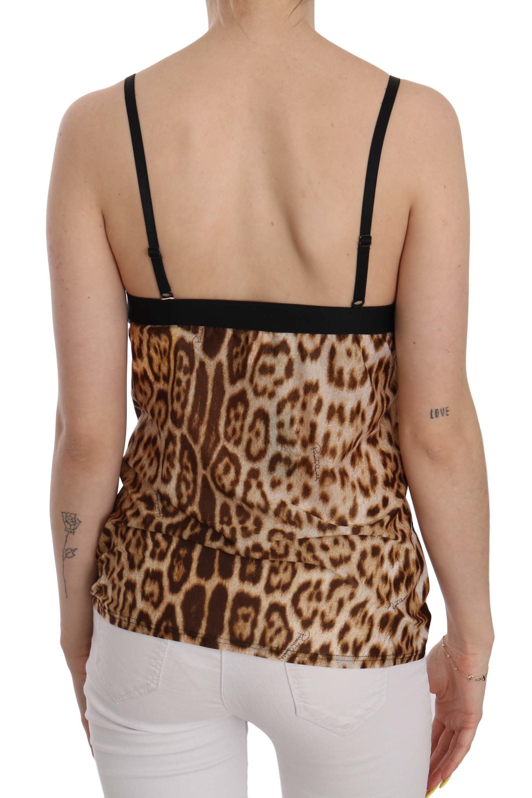 Roberto Cavalli Brown Sleeveless Plunging Leopard Blouse