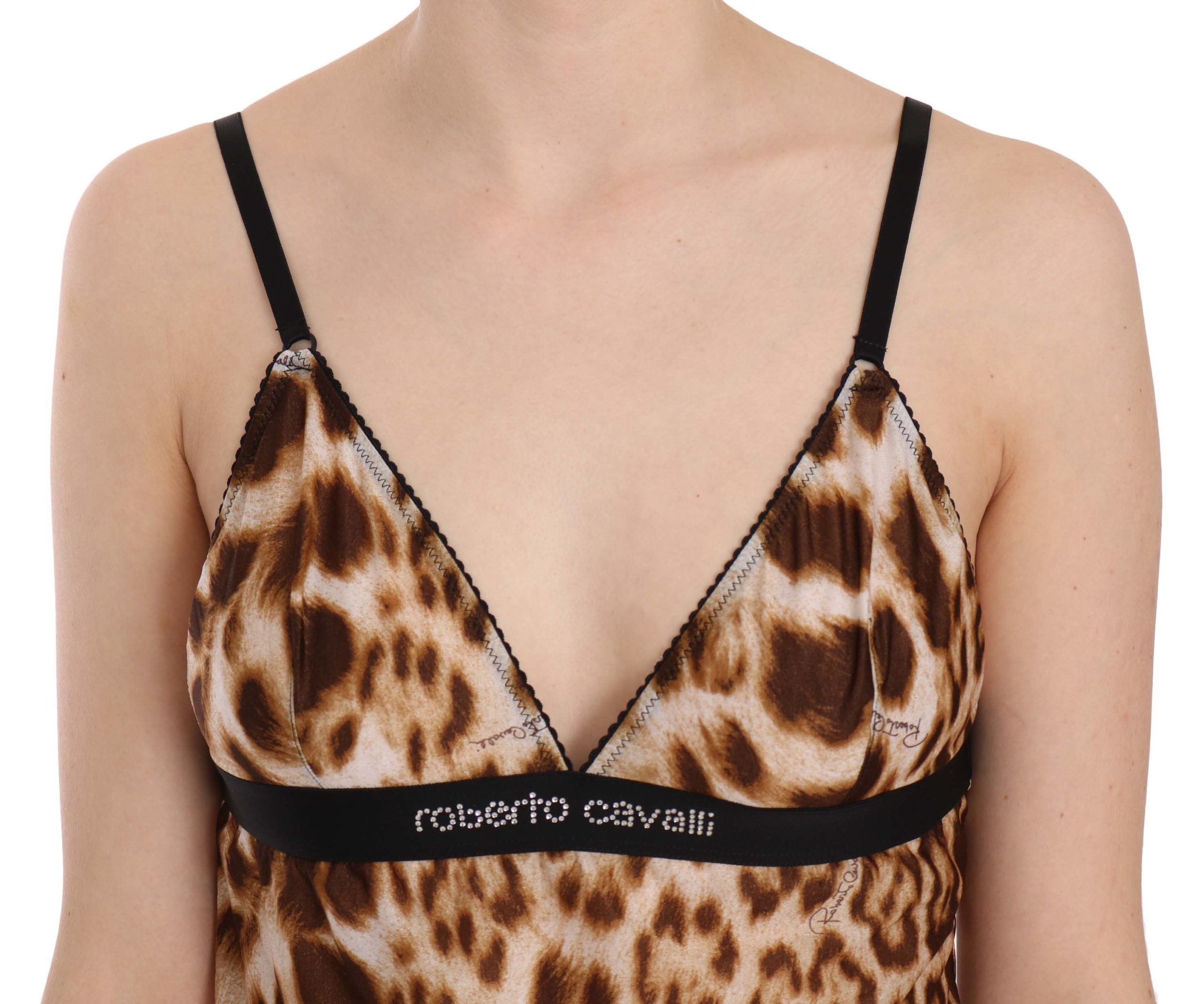 Roberto Cavalli Brown Sleeveless Plunging Leopard Blouse