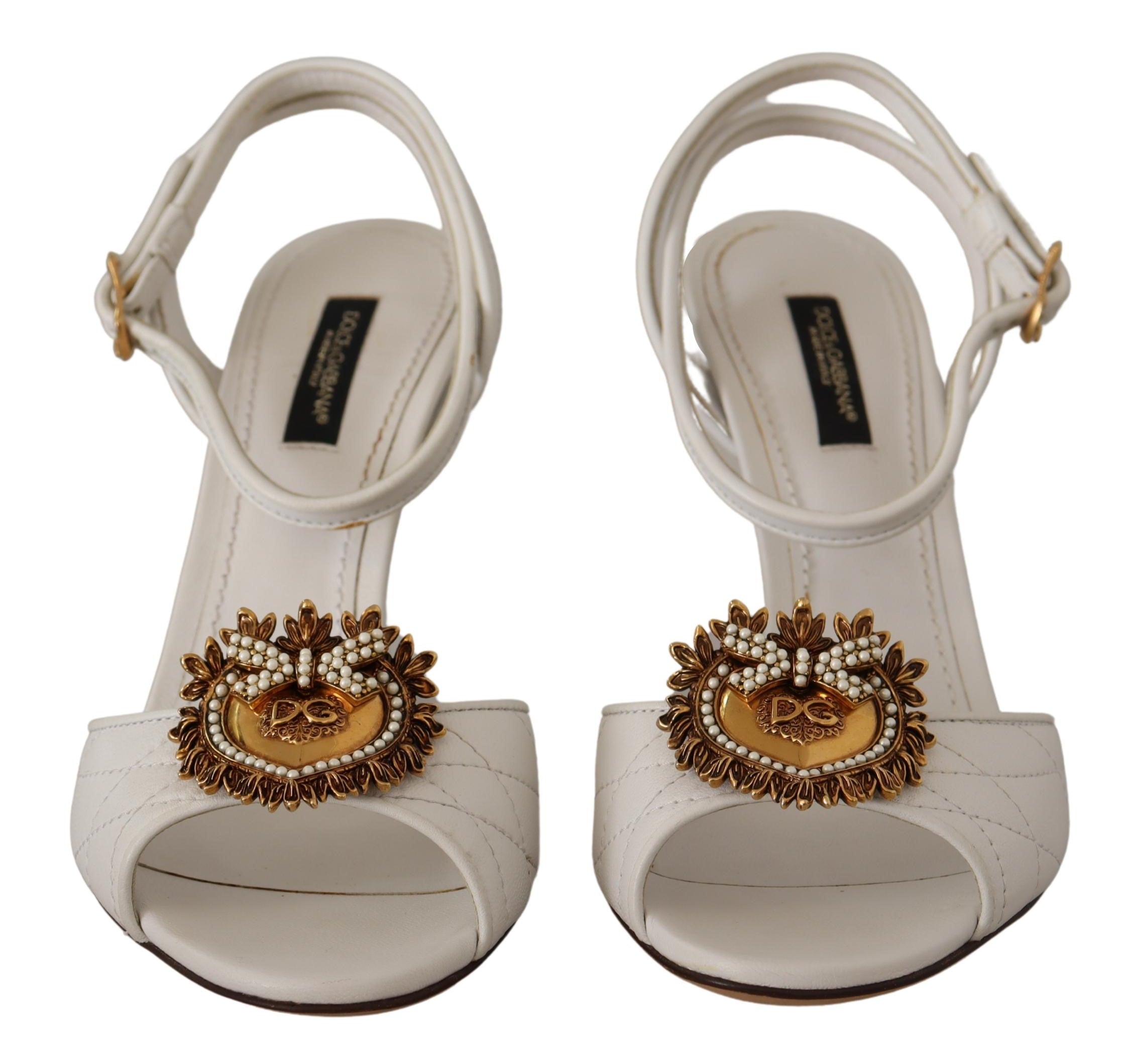 Dolce & Gabbana White Leather Gold DEVOTION Sandals Heels Shoes