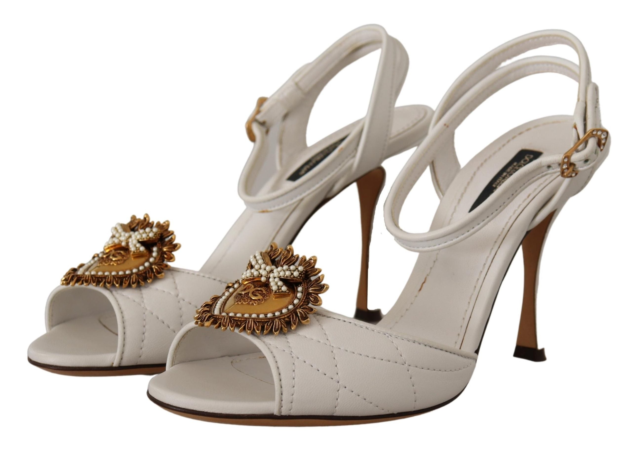 Dolce & Gabbana White Leather Gold DEVOTION Sandals Heels Shoes