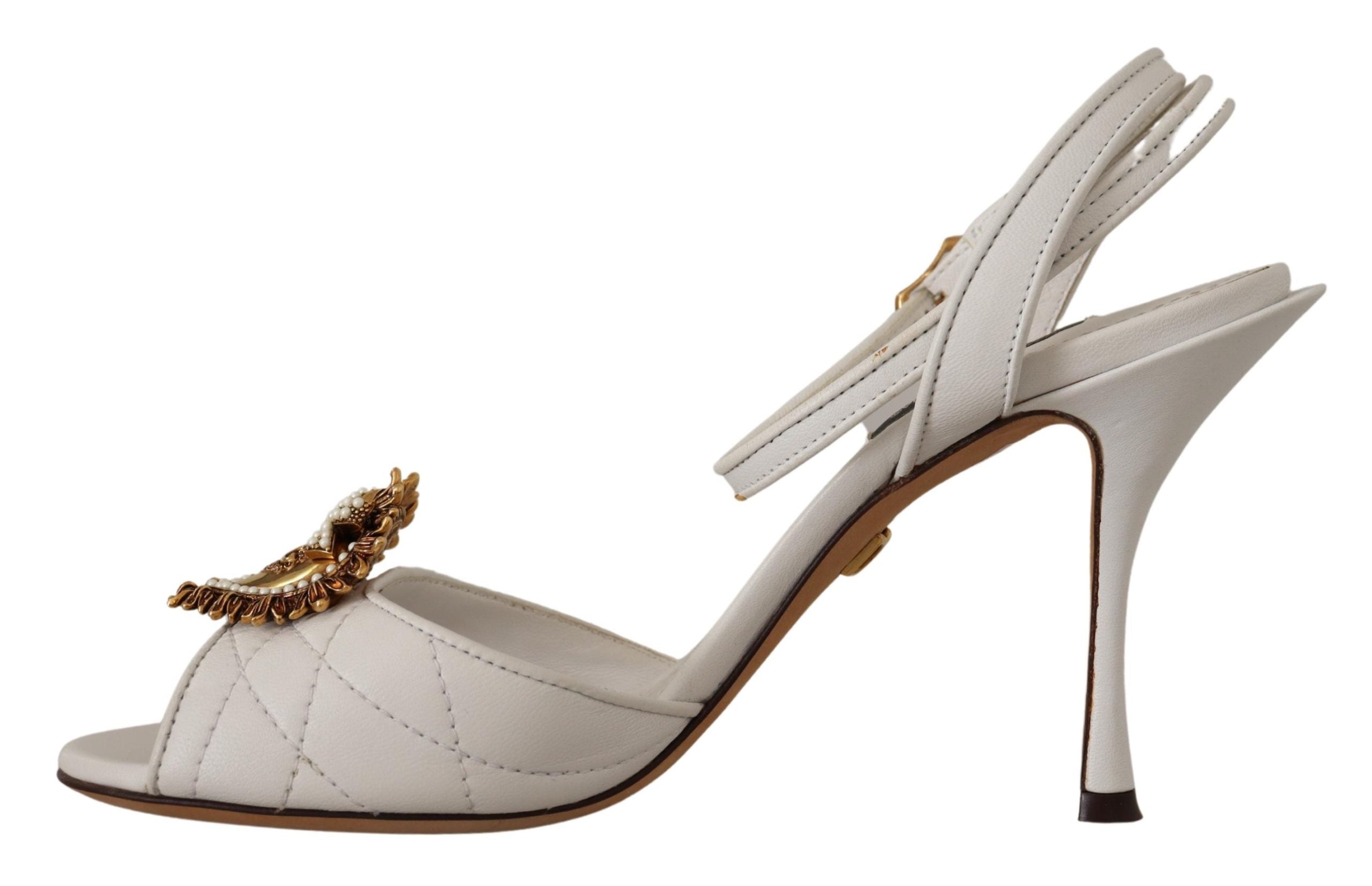 Dolce & Gabbana White Leather Gold DEVOTION Sandals Heels Shoes