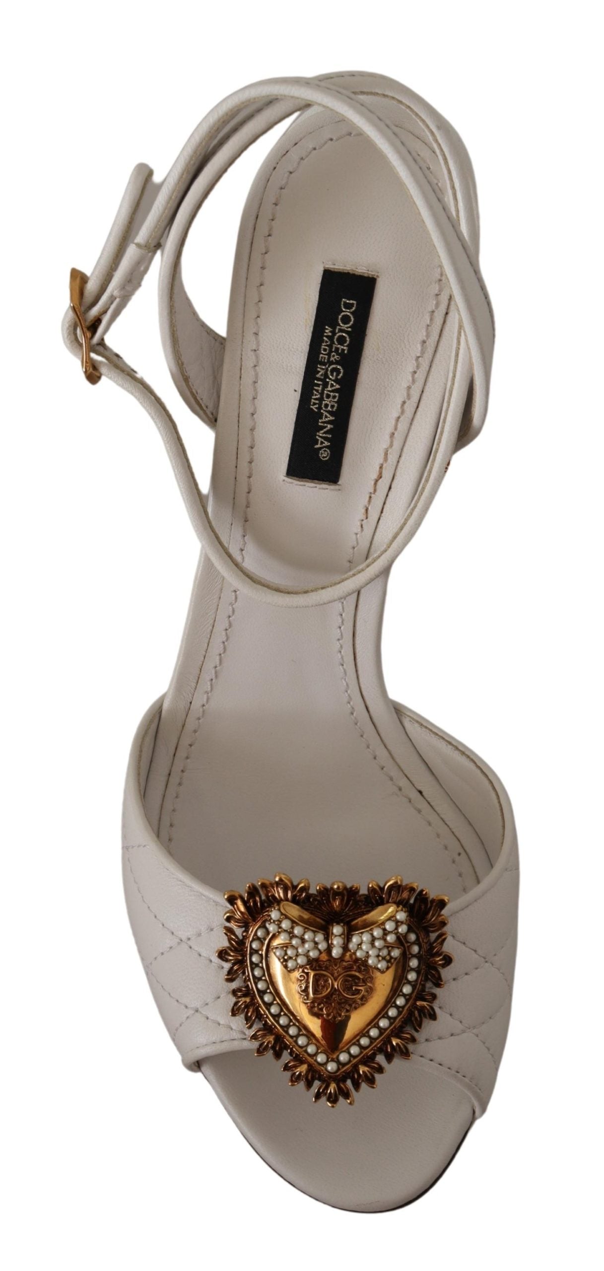 Dolce & Gabbana White Leather Gold DEVOTION Sandals Heels Shoes