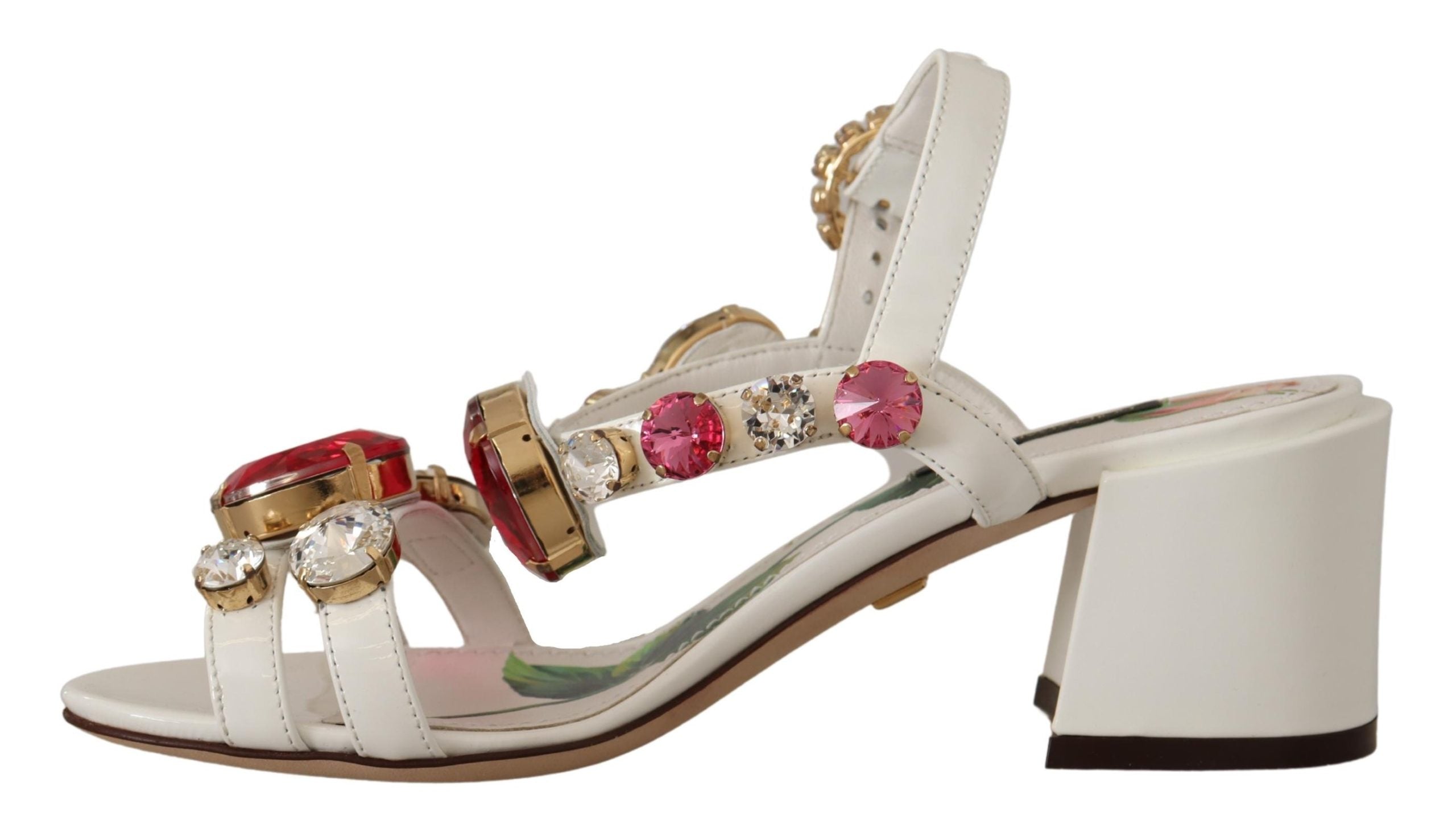 Dolce & Gabbana White Leather Roses Crystal Shoes Sandals