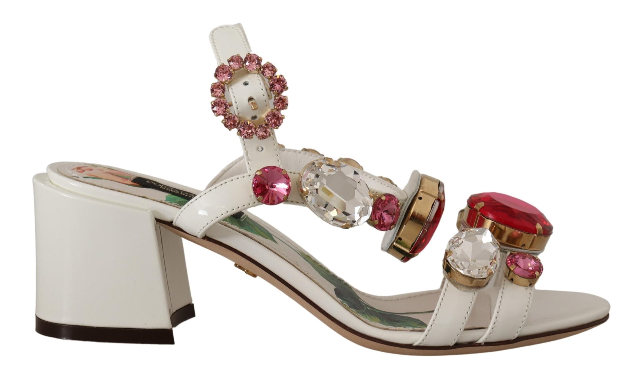 Dolce & Gabbana White Leather Roses Crystal Shoes Sandals