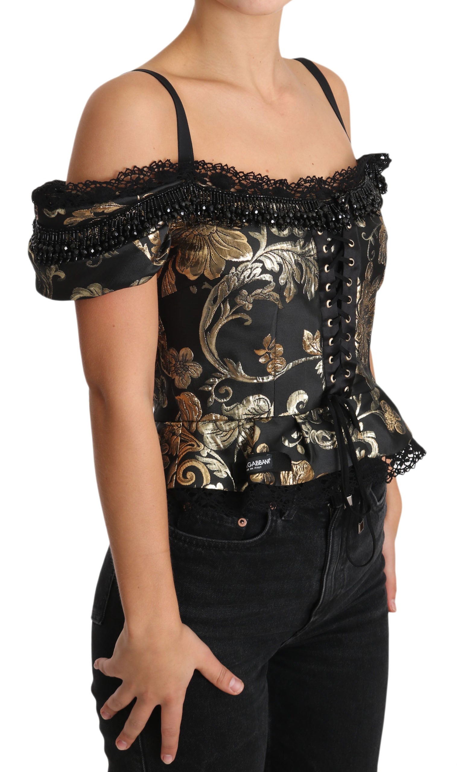 Dolce & Gabbana Black Gold Floral Jacquard Crystal Blouse