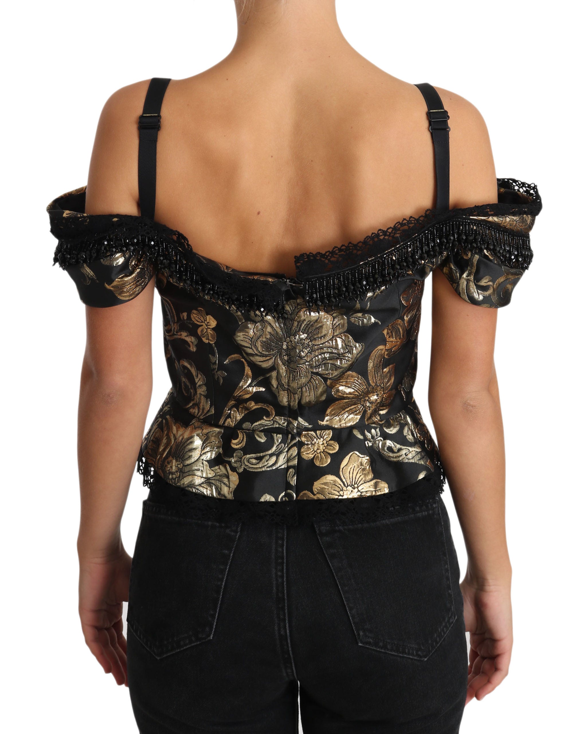 Dolce & Gabbana Black Gold Floral Jacquard Crystal Blouse