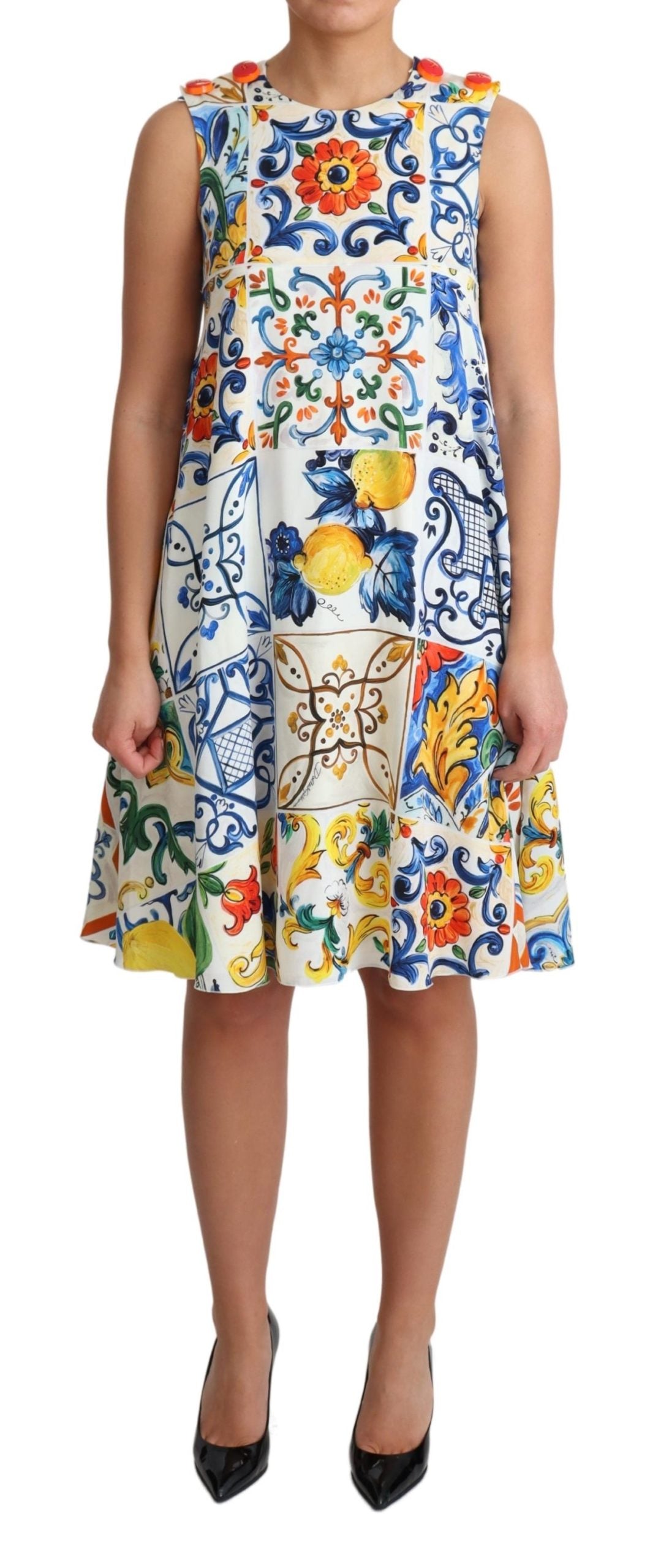 Dolce & Gabbana White Majolica Print Shift A-line Silk Dress