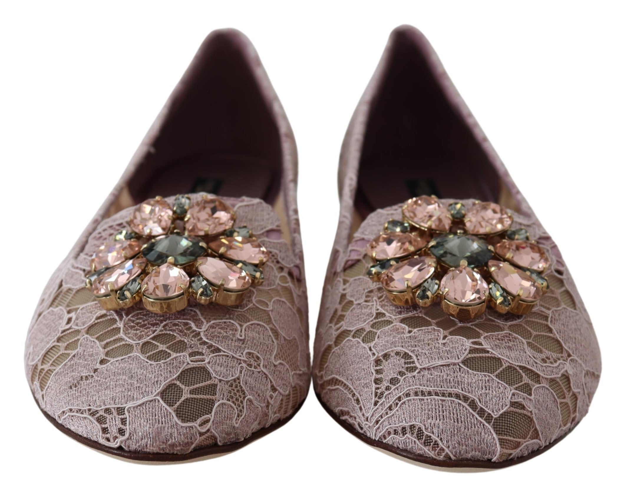 Dolce & Gabbana Pink Taormina Lace Crystal Vally Flats Shoes