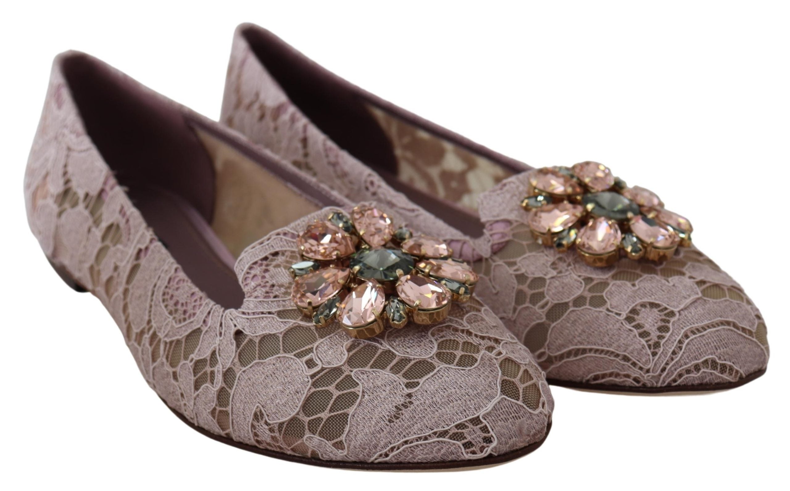 Dolce & Gabbana Pink Taormina Lace Crystal Vally Flats Shoes