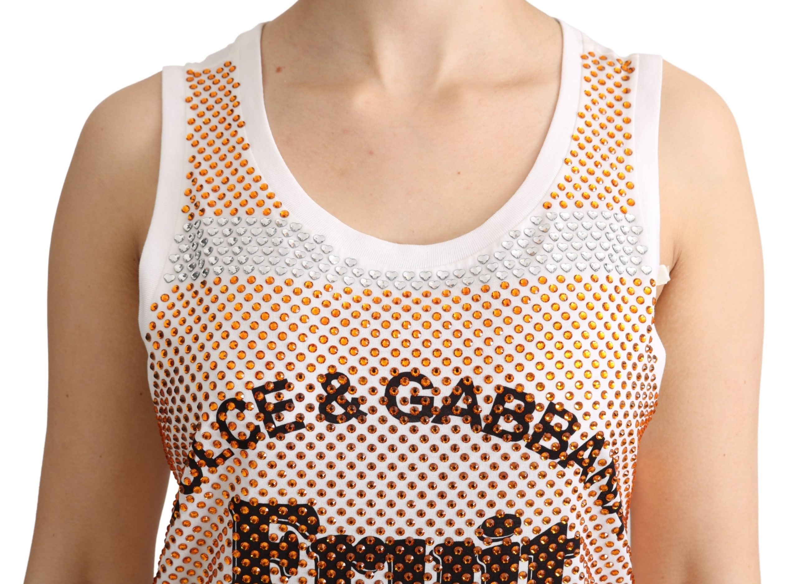 Dolce & Gabbana White Orange Crystal Sleeveless Tank Cotton Top