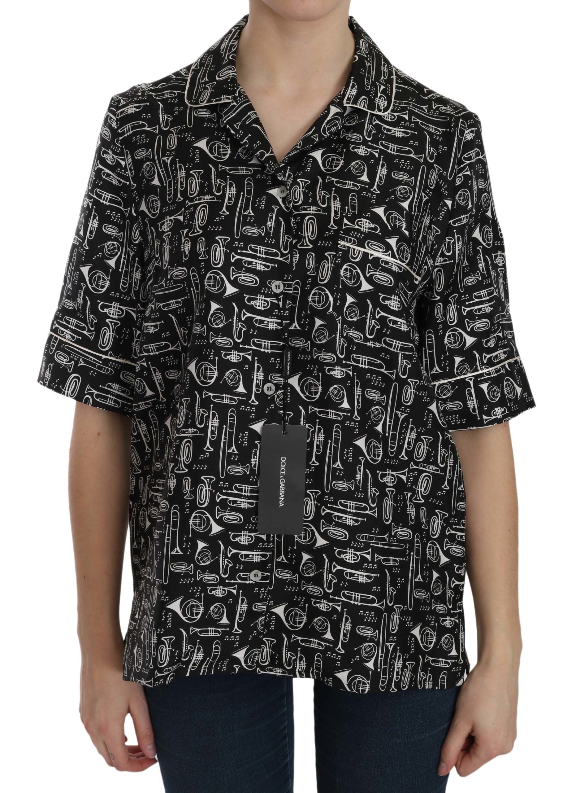 Dolce & Gabbana Black Musical Instrument Print Silk  Top