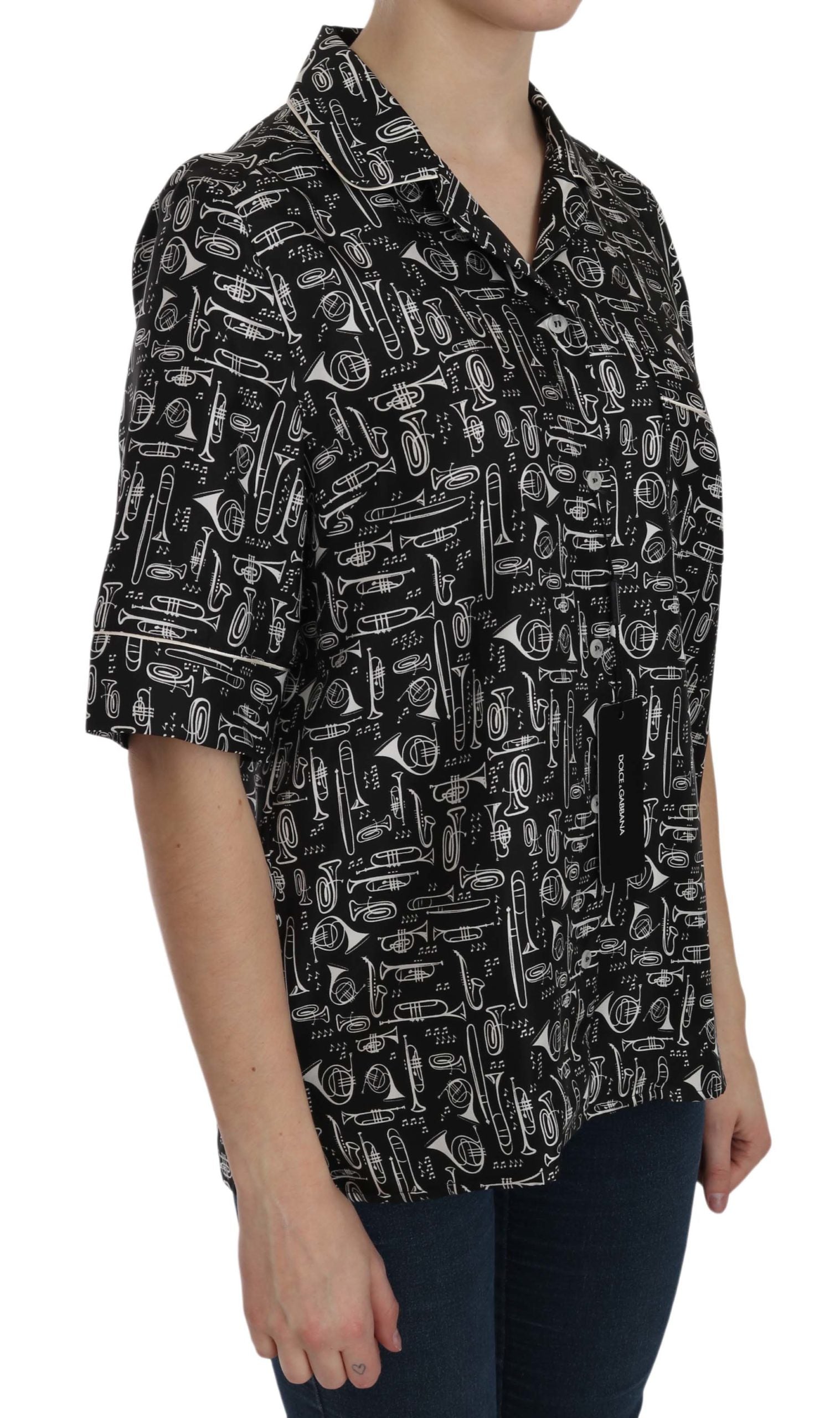 Dolce & Gabbana Black Musical Instrument Print Silk  Top