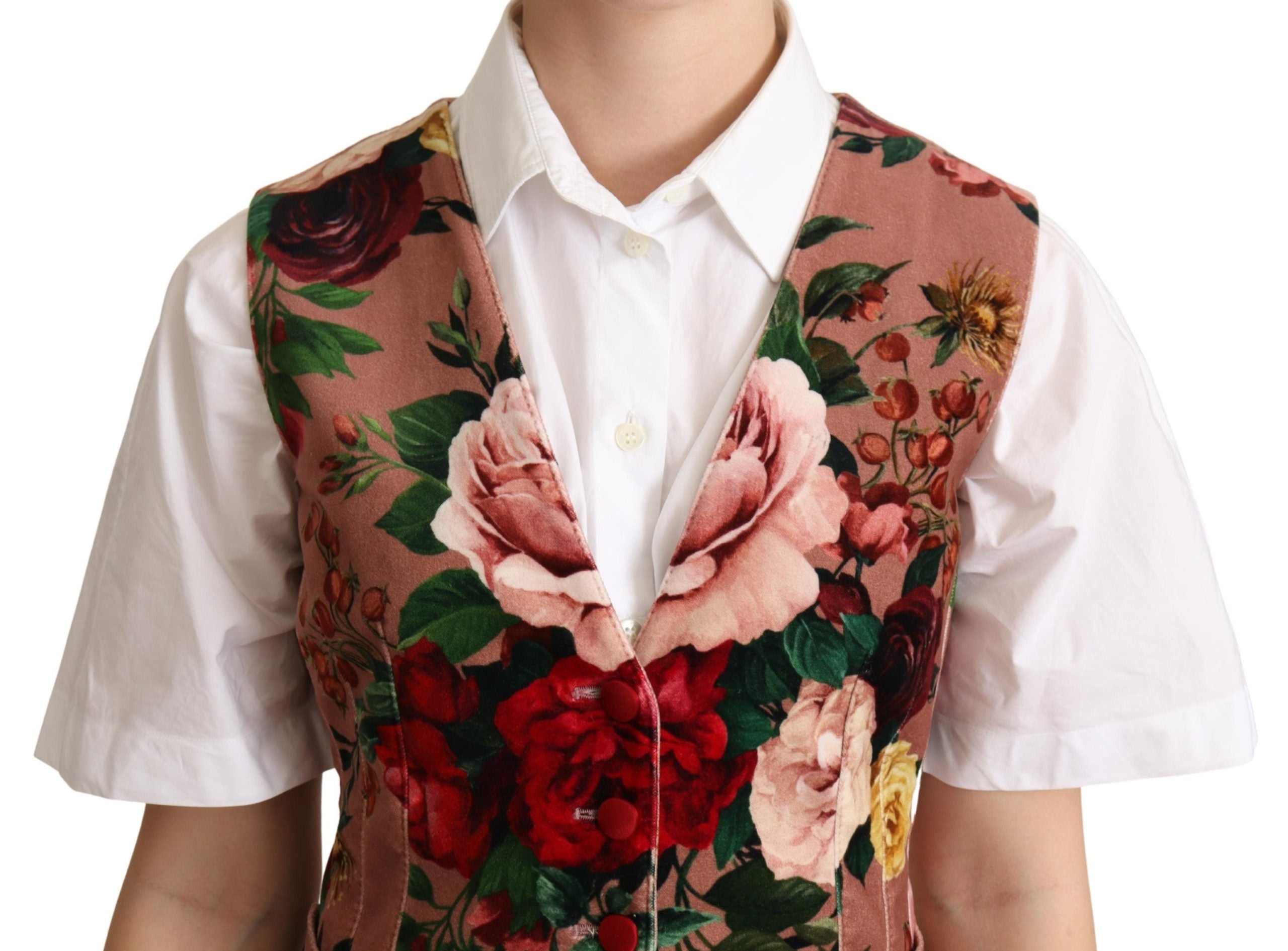 Dolce & Gabbana Pink Floral Print Velvet Waistcoat Vest