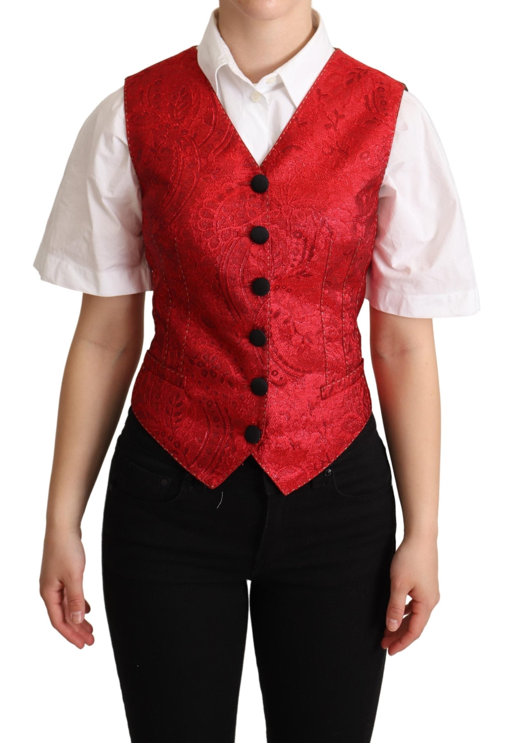 Dolce & Gabbana Red Brocade Leopard Print Waistcoat Vest