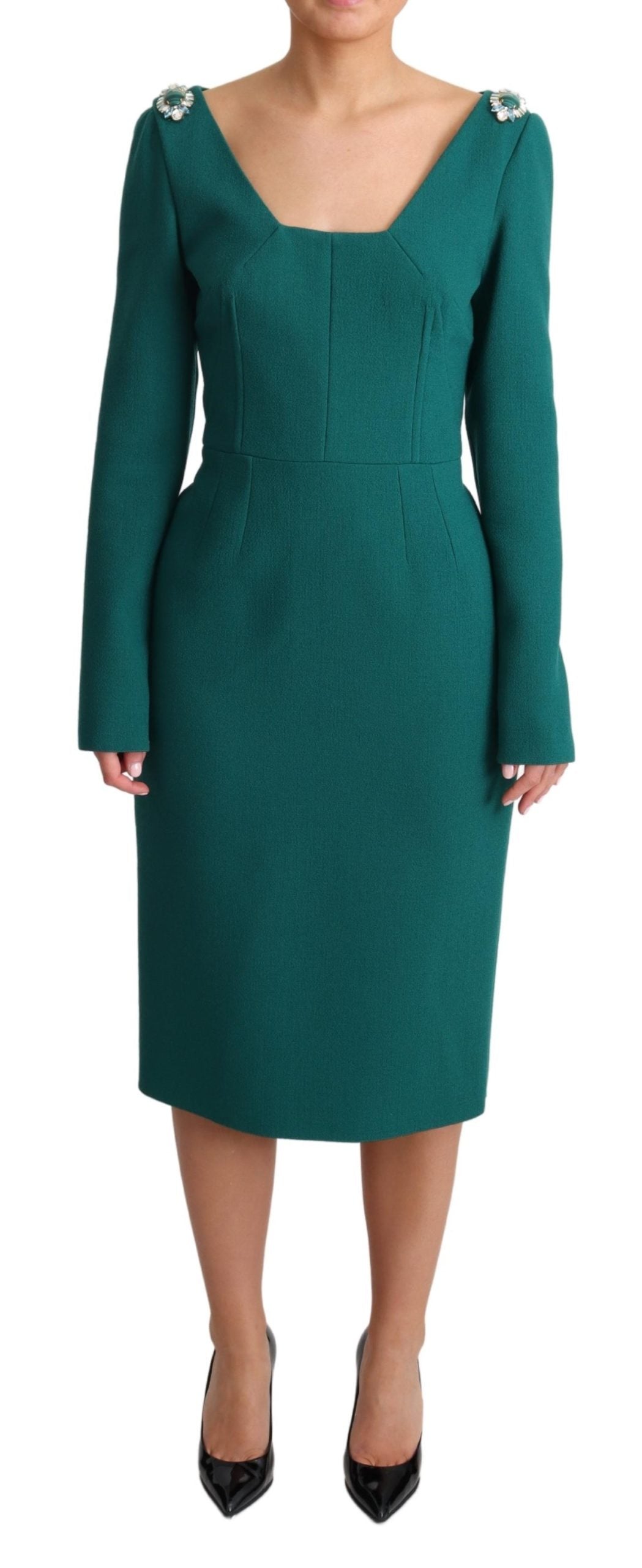 Dolce & Gabbana Green Crystals Long Sleeves Sheath Dress