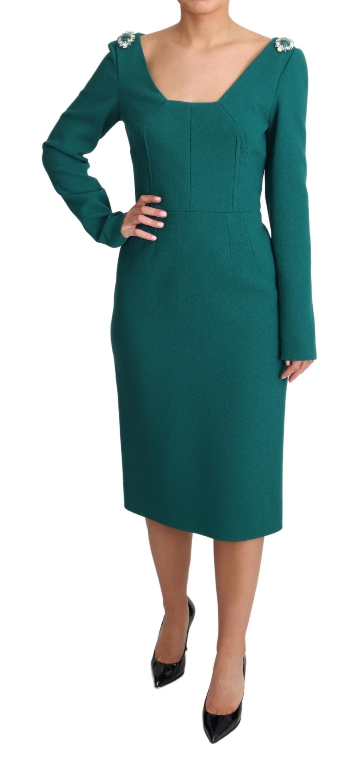 Dolce & Gabbana Green Crystals Long Sleeves Sheath Dress