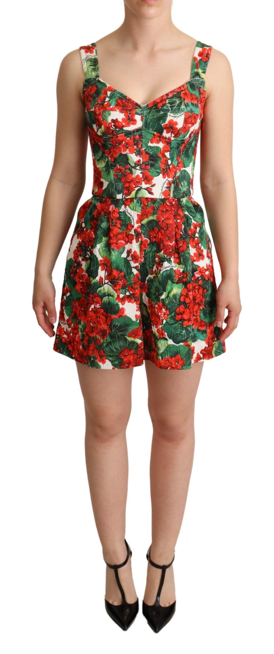 Dolce & Gabbana Red Geranium Print Shorts Jumpsuit Dress