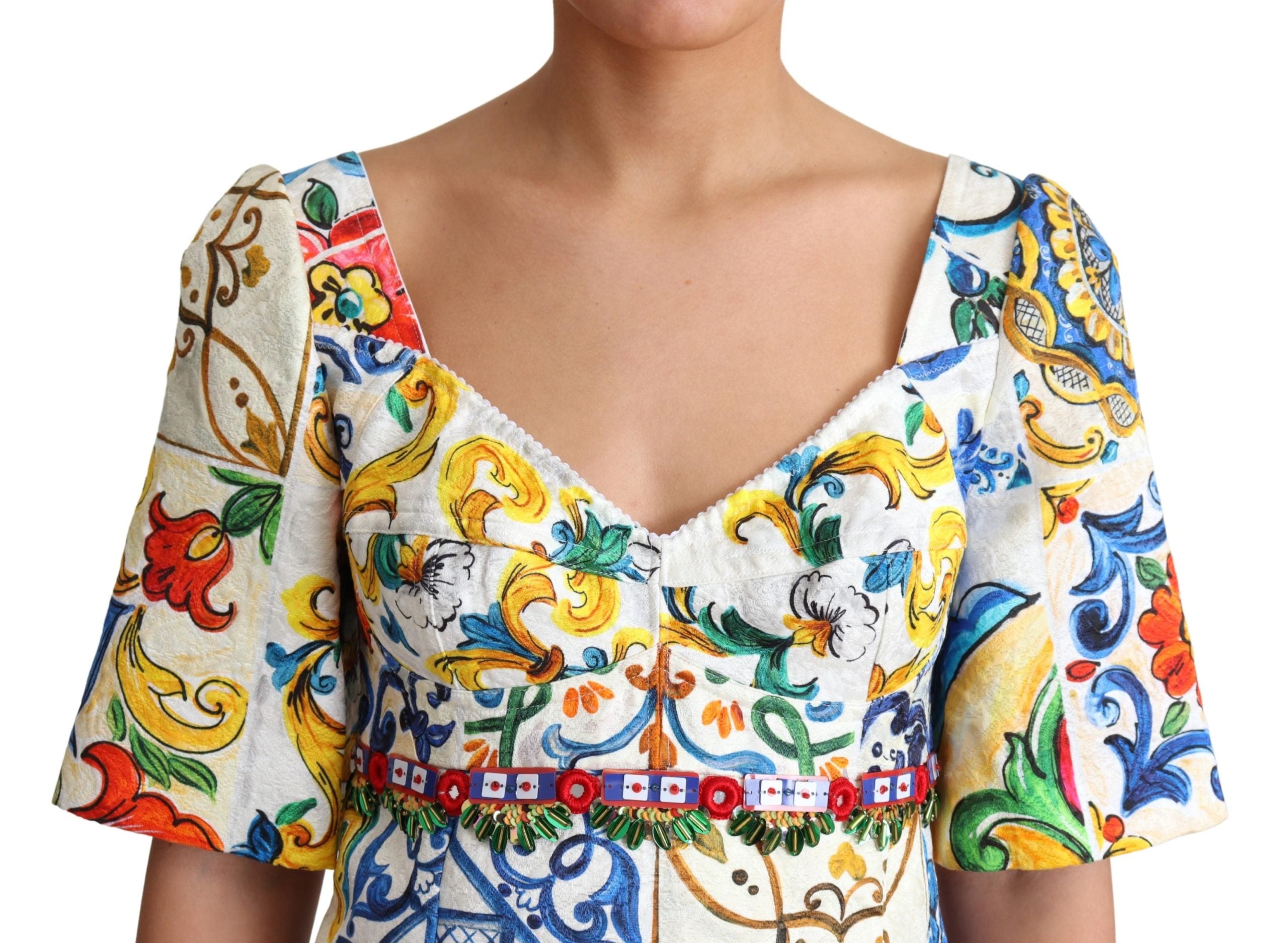 Dolce & Gabbana Multicolor Majolica Silk Cotton Mini Gown Dress