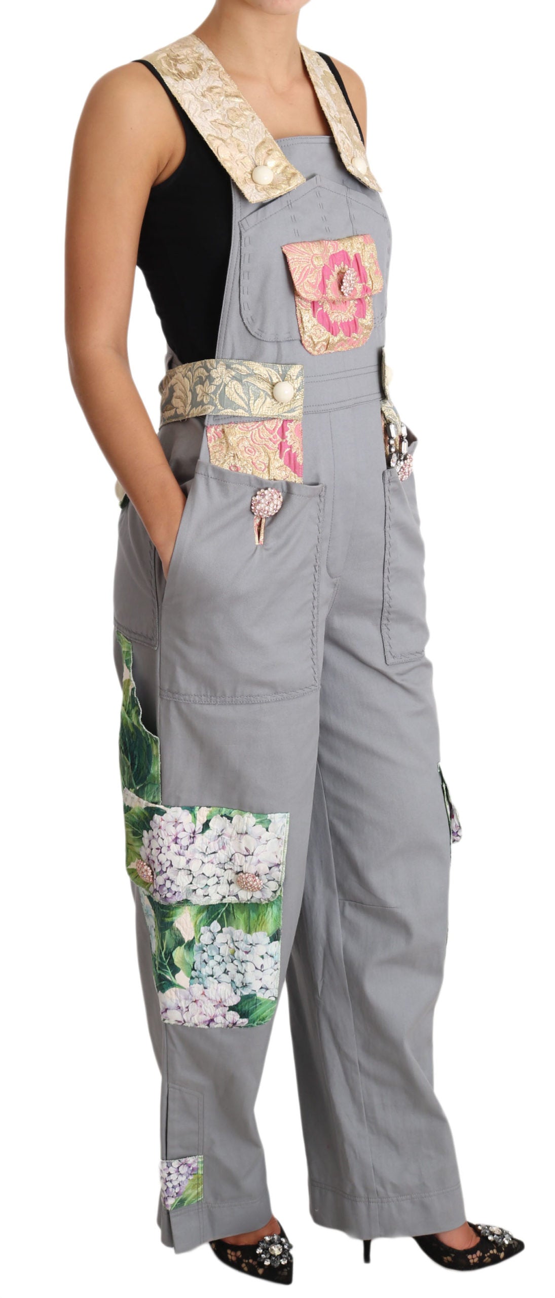 Dolce & Gabbana Gray Overall Jeans Gray Denim Crystal Hortensia