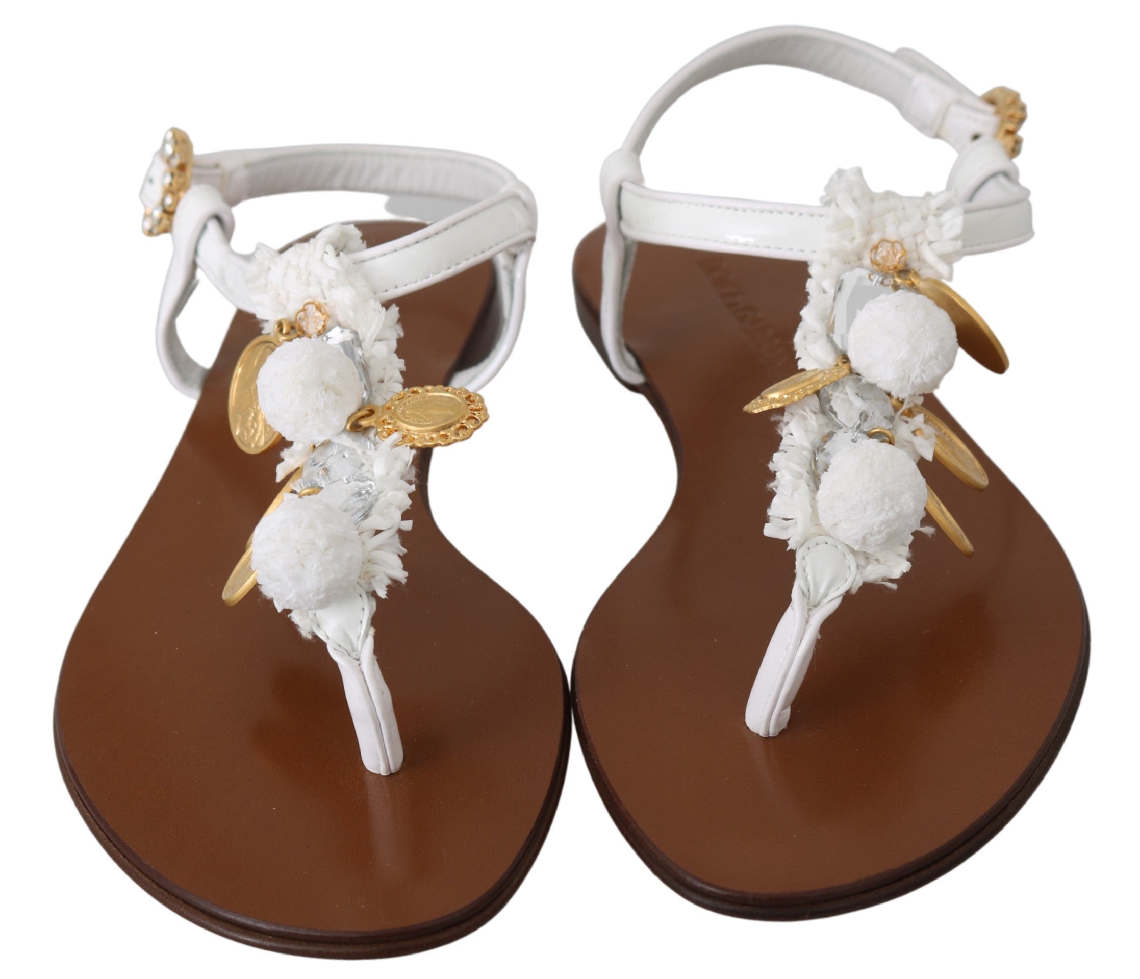 Dolce & Gabbana White Leather Coins Flip Flops Sandals Shoes