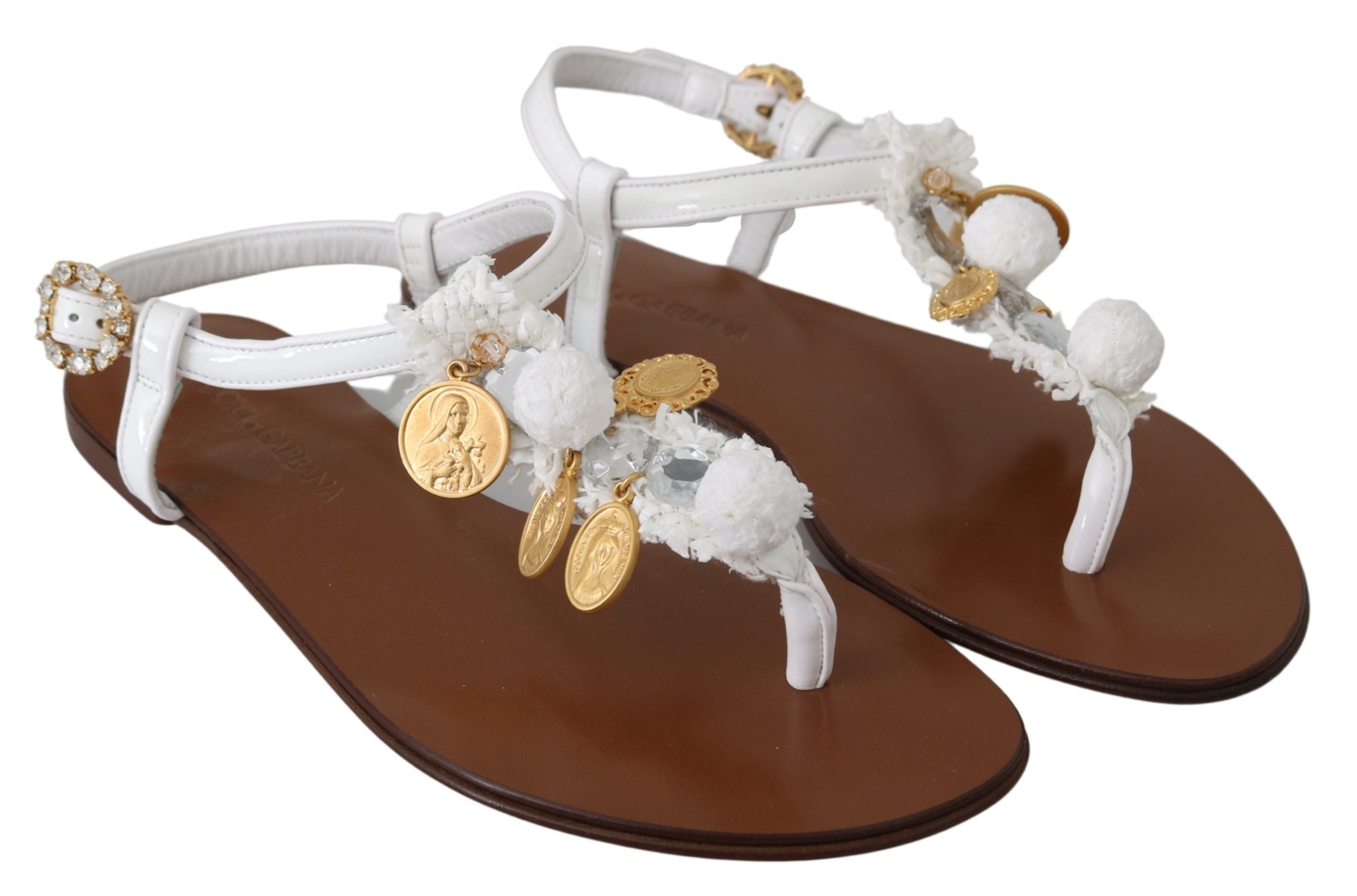 Dolce & Gabbana White Leather Coins Flip Flops Sandals Shoes