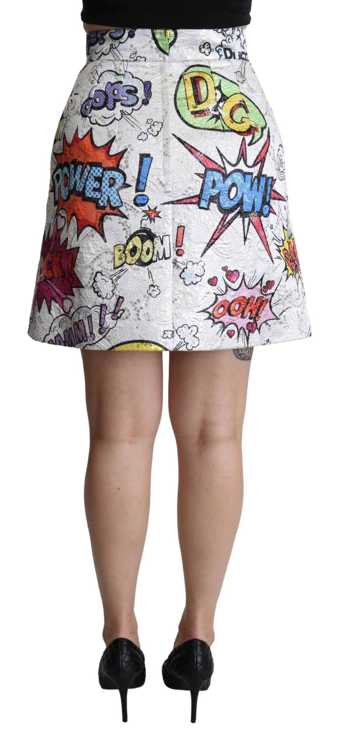 Dolce & Gabbana White Cartoon Brocade A-line High Waist Skirt