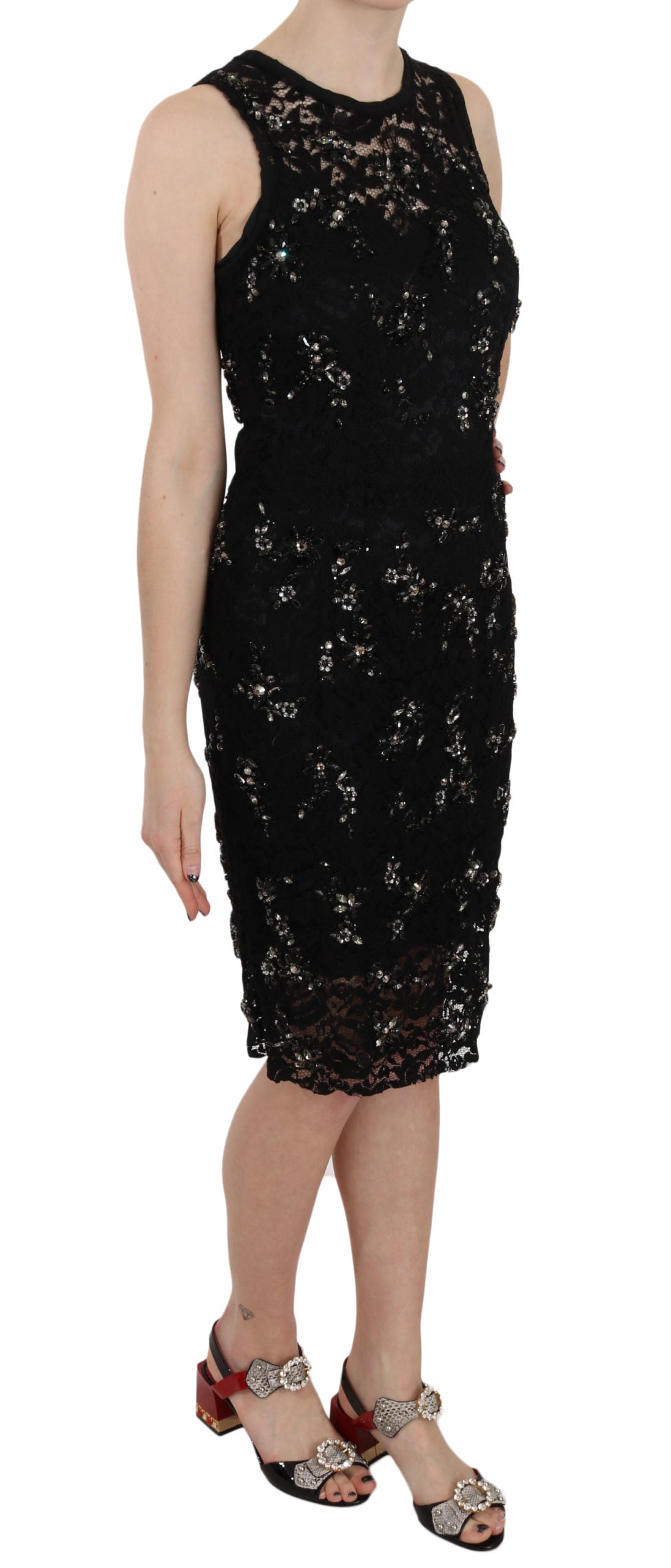 Dolce & Gabbana Black Floral Lace Crystal Sheath Dress