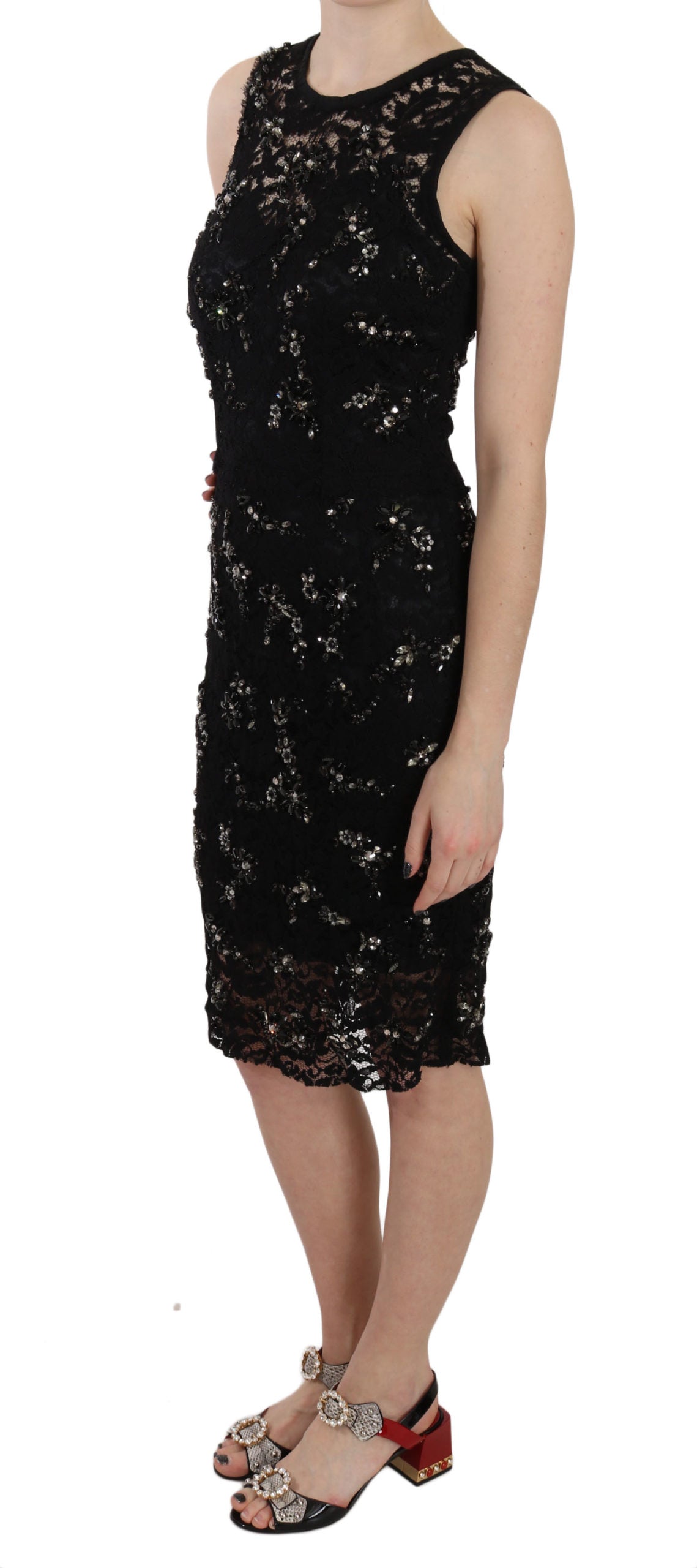 Dolce & Gabbana Black Floral Lace Crystal Sheath Dress